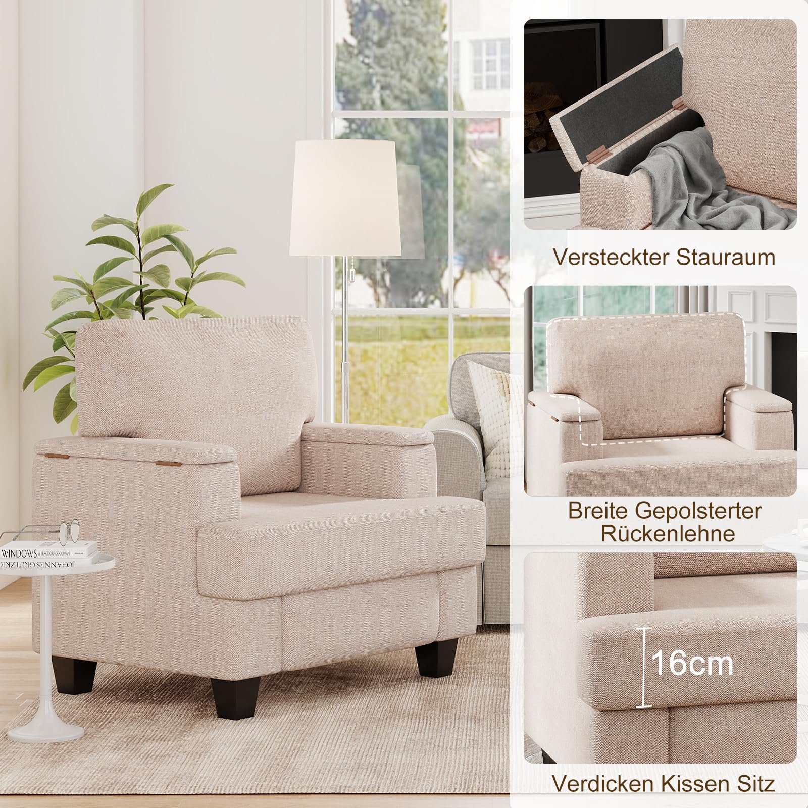 Extragroß Ohrensessel Sessel Wohnzimmer mit Stauraum, Fernsehsessel Relaxsessel mit Stauraum & Wurfkissen mit Armlehnen, Polstersessel Einzelsofa für Wohnzimmer Schlafzimmer, Beige