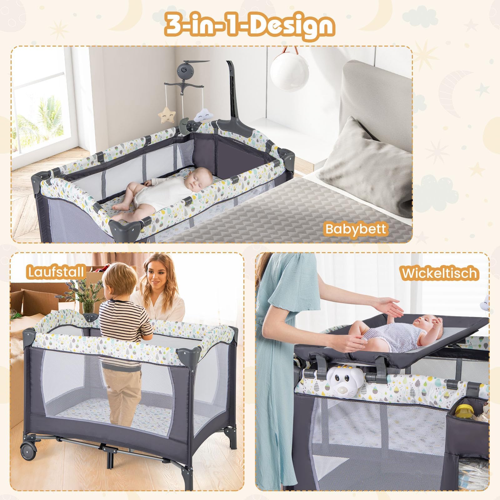 COSTWAY 3 in 1 Beistellbett klappbar, Reisebett mit Matratze, Hängespielzeug, Spieluhr, Wickeltisch & Tragetasche, 2 Ebene Babybett mit Rollen für Baby bis 36 Monaten (Beige)