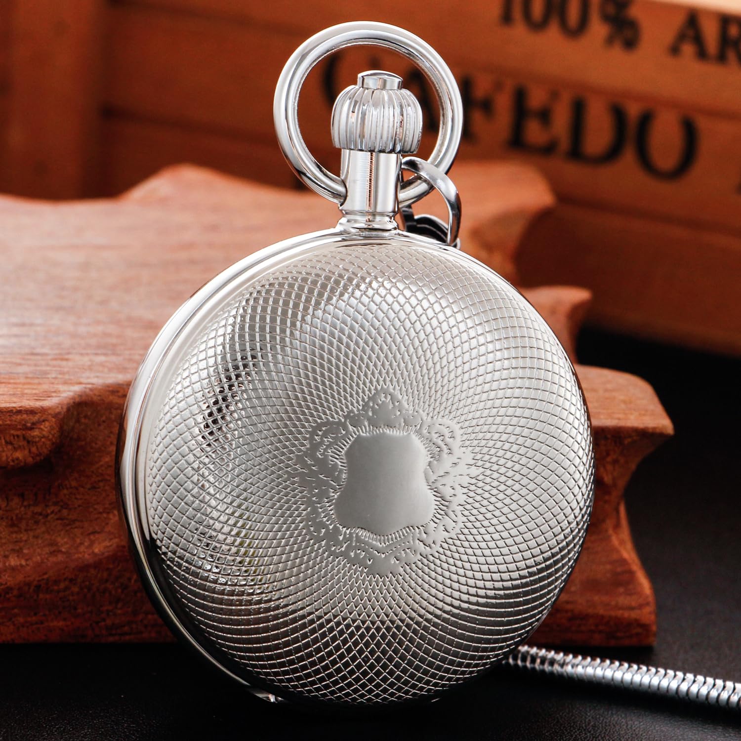 Reloj de bolsillo mecánico para hombre con cadena, estilo vintage, de cobre completo, cuerda manual de segundos y 24 horas, subesferas para hombre con caja, MW155-plata