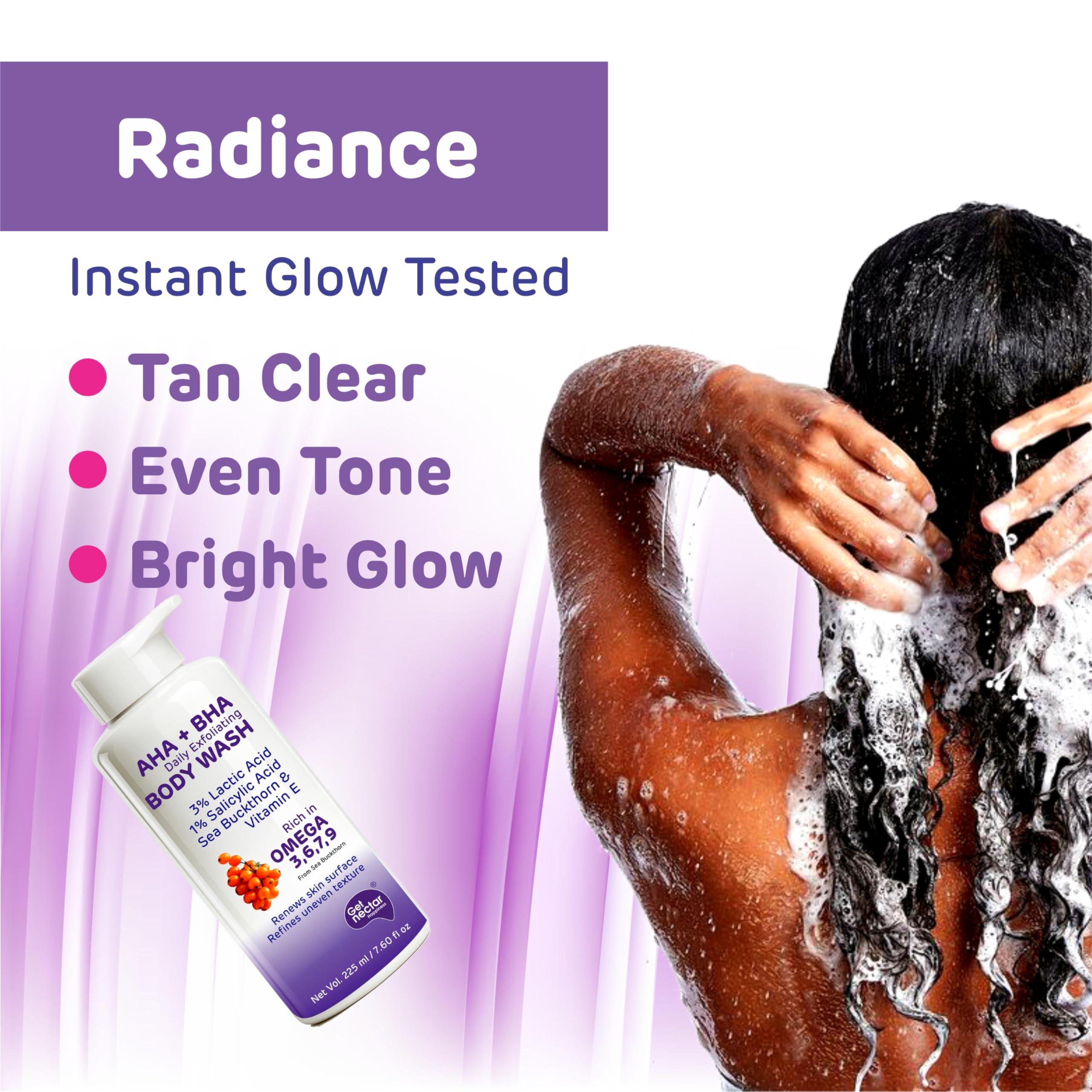 Get Nectar Happiness Korean Glow Essence AHA-BHA Body Wash | 4% Actives (3% Lactic Acid + 1% Salicylic Acid) | Omega 3,6,7,9 | Exfoliating Body Wash for Tan, Body Acne & Smooth Glowing Skin | Sulfate & Paraben Free | For Men & Women | 225ml 2