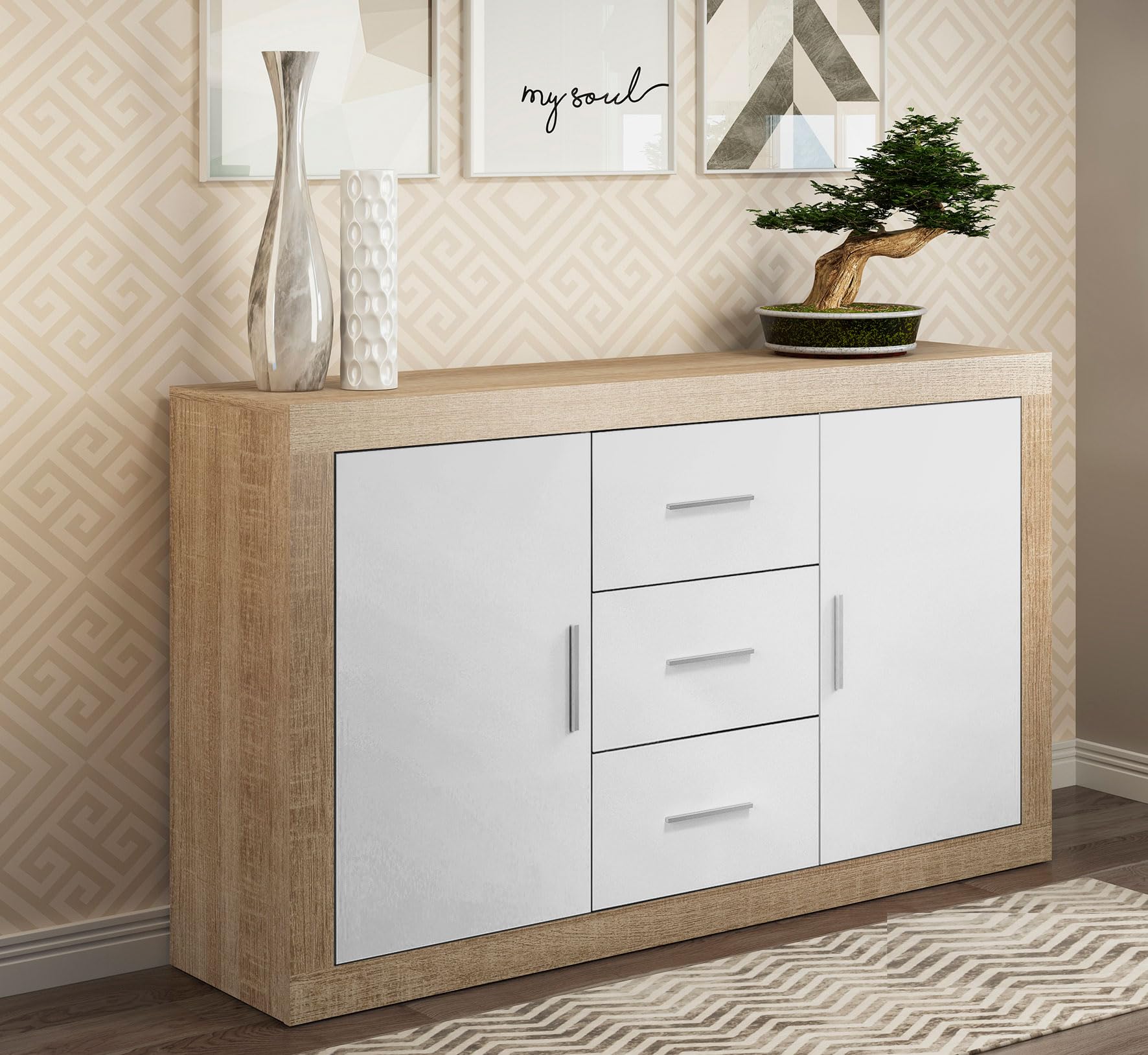 Buyqualia - Aparador Moderno de 2 Puertas y 3 Cajones - Cambrian Blanco - 134x78x35 cm
