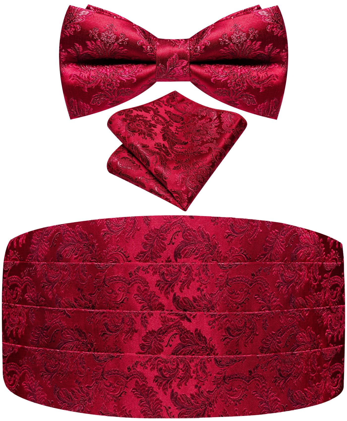 Paisley Floral Tuxedo Cummerbund Bow Tie Pocket Square Set for Men