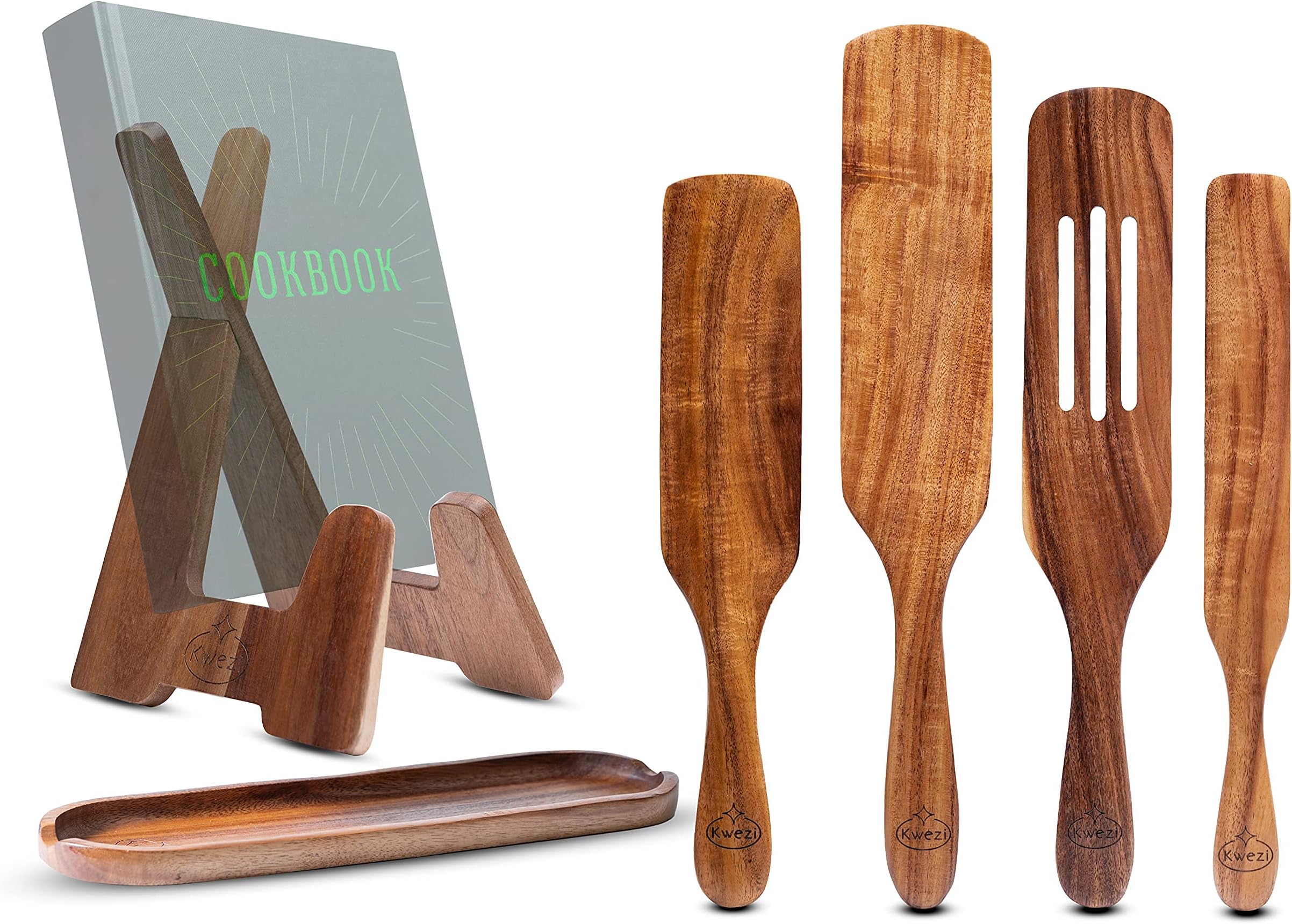 Wooden Spurtle Set - By KWEZI. with Acacia cookbook stand and spoon rest. Kitchen tools gadgets for healthy cooking, comfortable heat resistant non-stick wood.