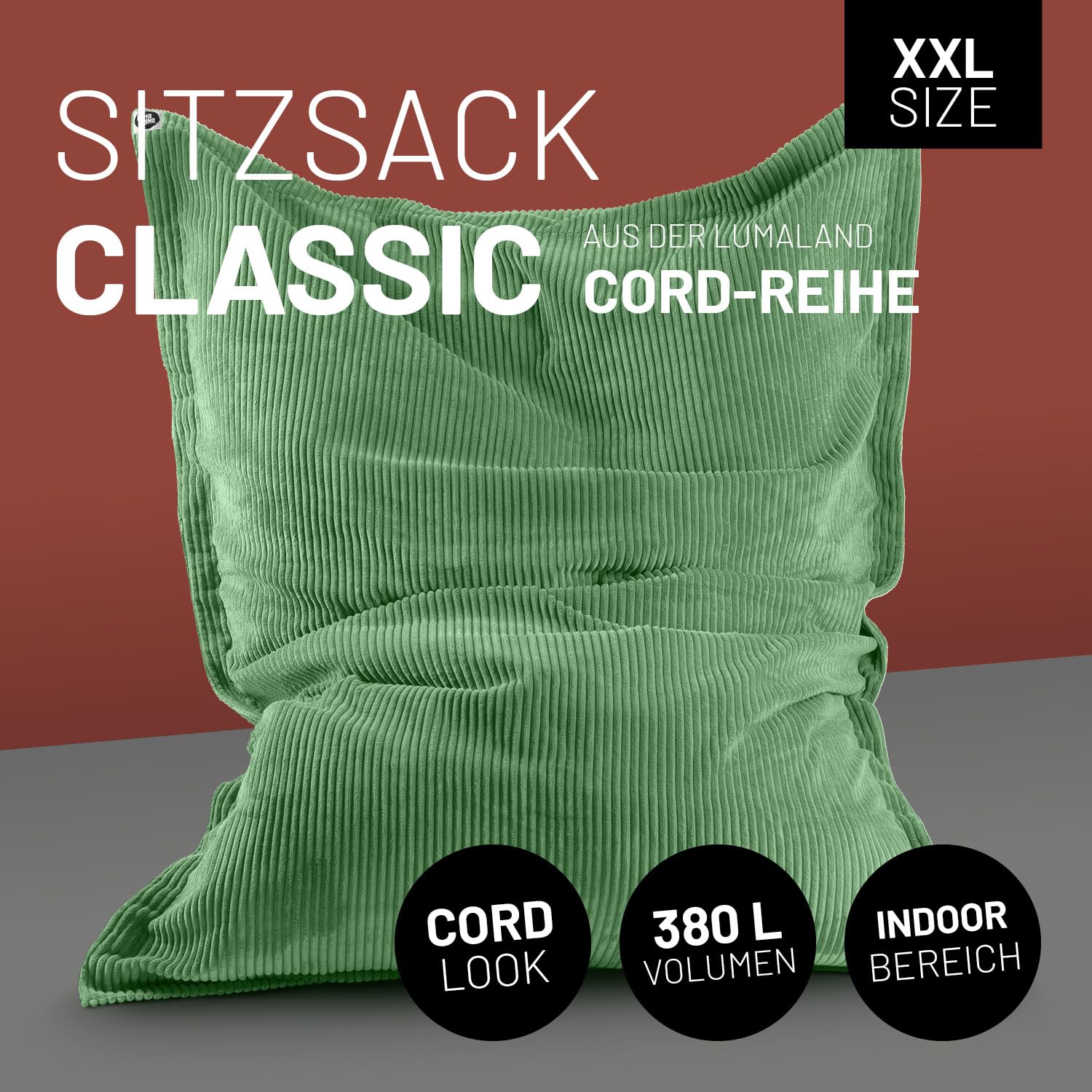 Lumaland Worek do siedzenia Classic XXL Cord, ogromny worek do siedzenia XXL, o miękkiej żebrowanej strukturze, idealny do sofy i foteli sztruksowych, do salonu, sypialni itp. – 380 l, 140 x 180 cm