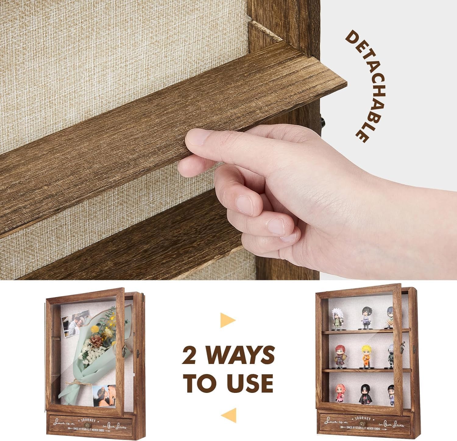 Large Shadow Box Picture Frames Deep Shadow Boxes Display Cases with Removable Shelves and Drawers, 11x16inch Bouquet Medals Photos Memory Box for Keepsakes (Brown)