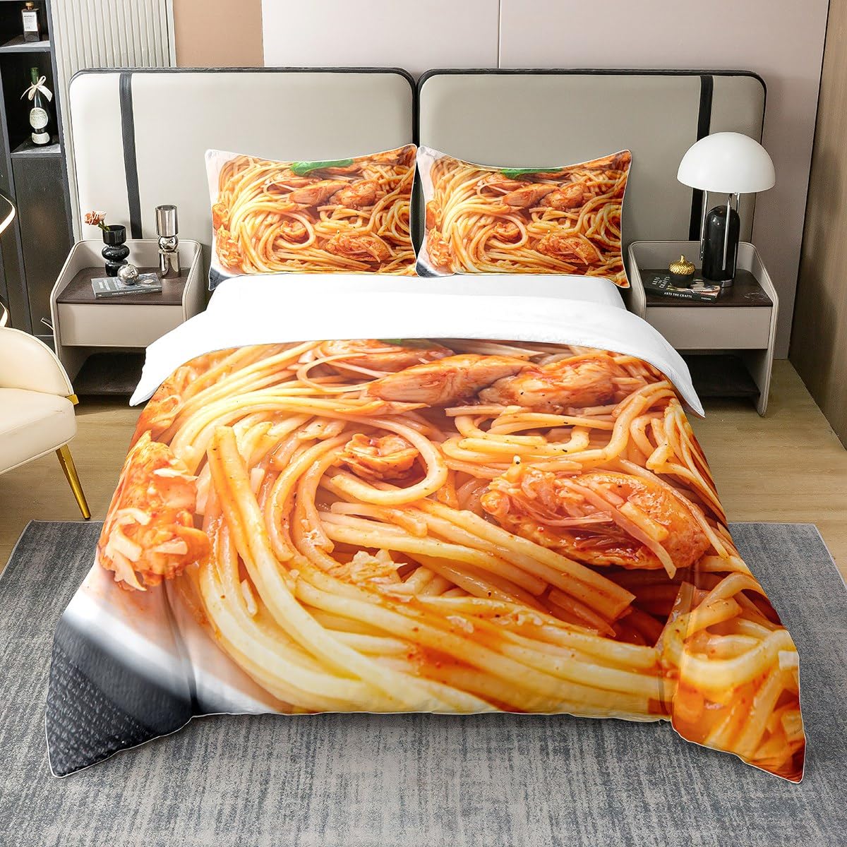 Spaghetti Nudeln 100% Baumwolle Bettbezug 220x240 für Kinder Erwachsene,Huhn Pasta Nudeln Bettwäsche Set Lustiges Dekor für Schlafzimmer,Realistische Lebensmittel Tröster Abdeckung Nudel Bett Set