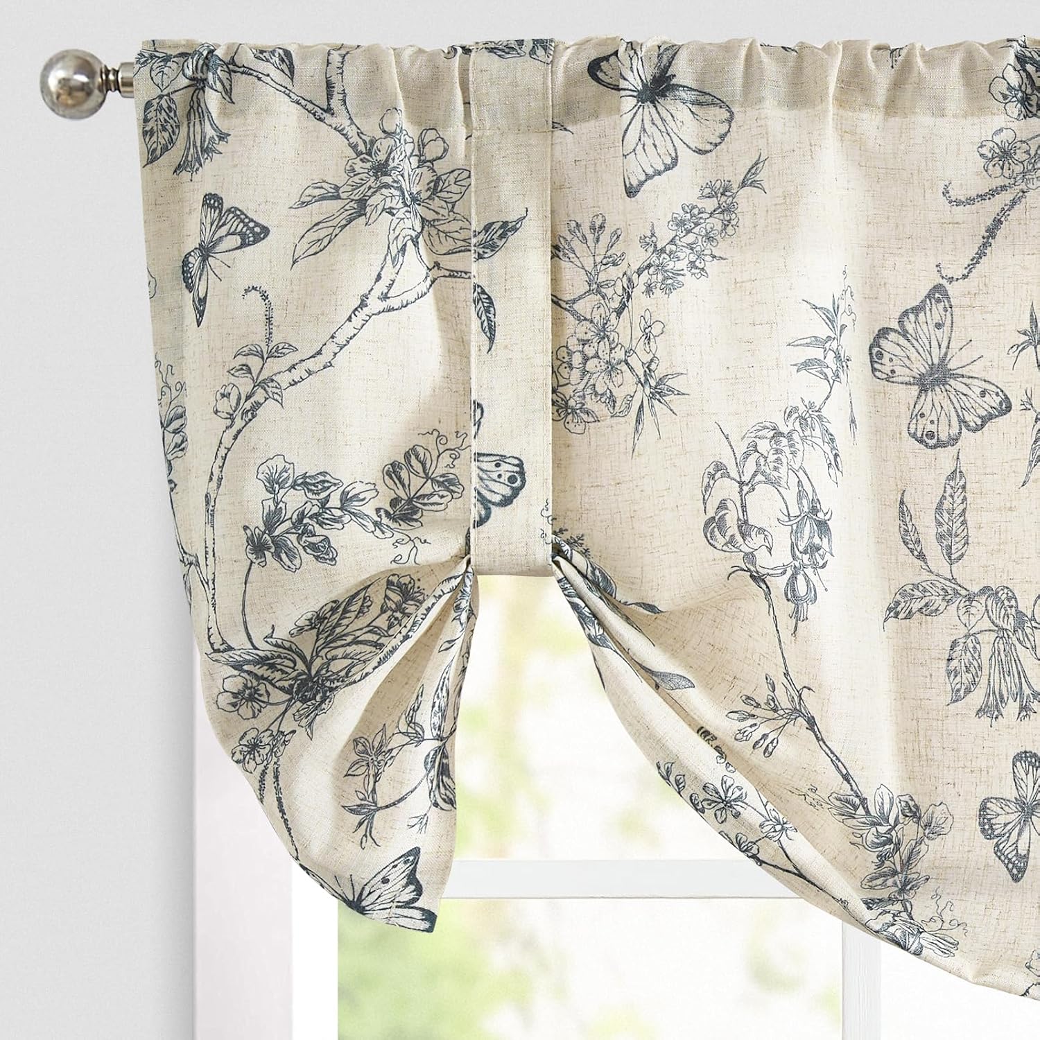 Lazzzy Blue Floral Tie Up Valance Curtain Linen Farmhouse Valance for Kitchen Living Room Bathroom Bedroom Country Valances Window Treatments Small Curtian 20 Inch Rod Pocket 1 Panel,Blue on Beige