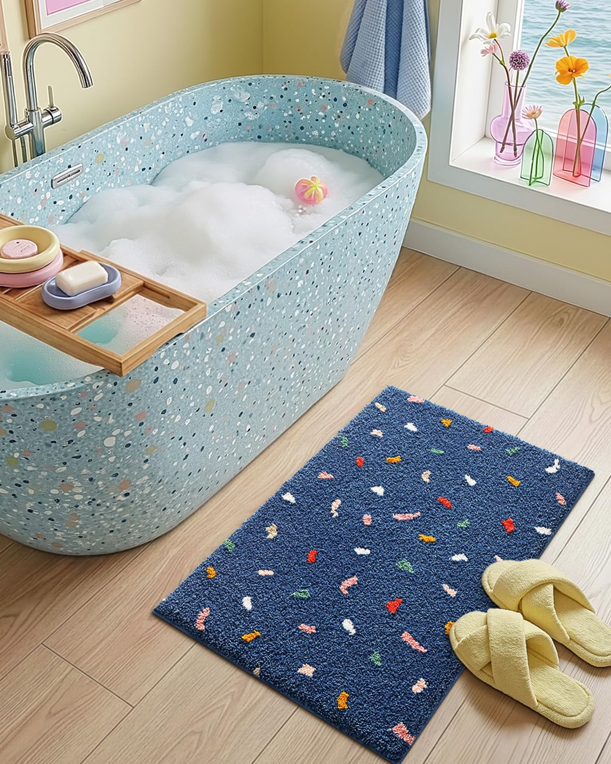 Color&Geometry Fluffy Bathroom Rugs Non Slip, Absorbent Microfiber Bath Mat, Machine Washable Plush Floor Rug for Shower Tub Sink, Soft Thick Microfiber Carpet,Navy Blue,24x36