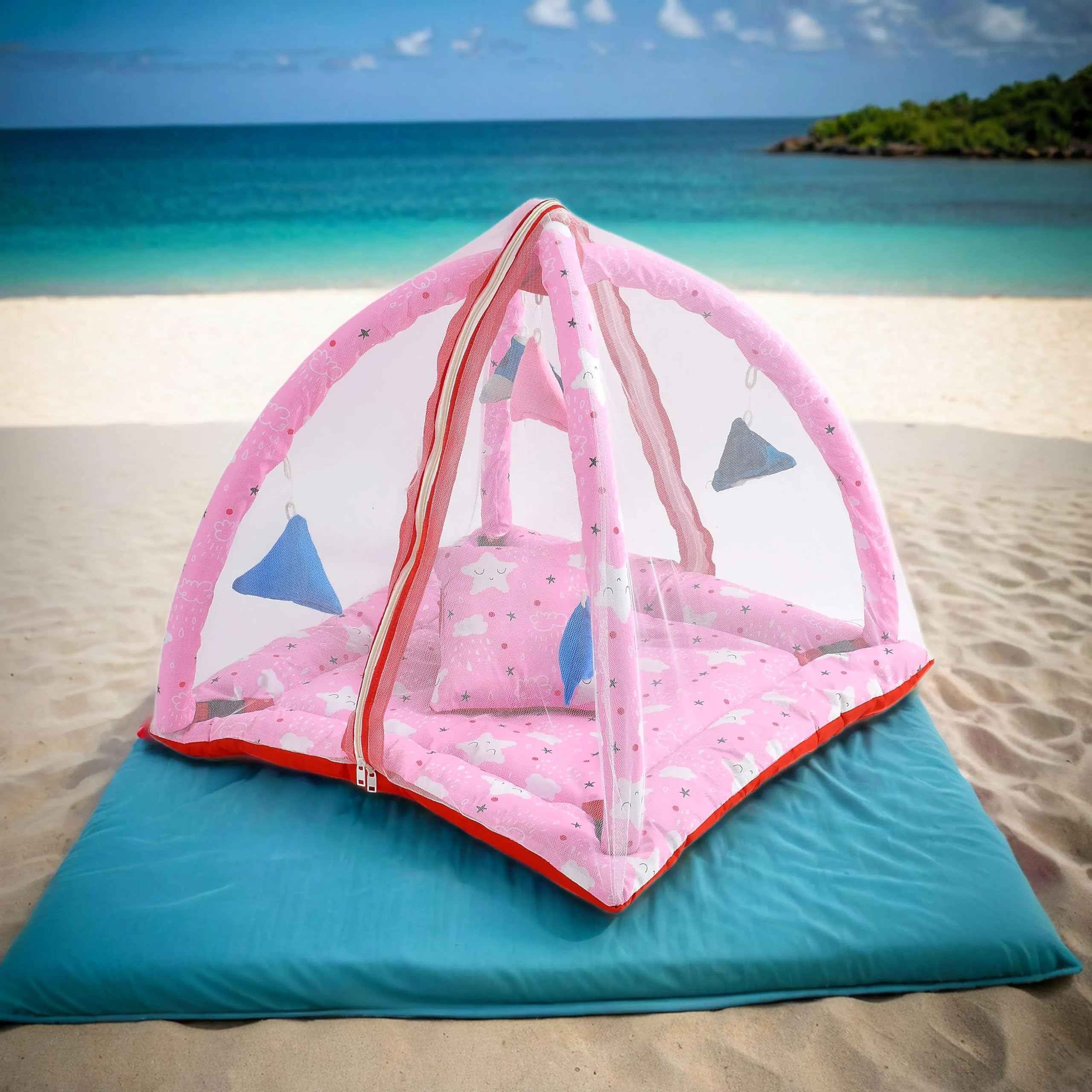 HOMECRUST Baby Bedding Set Glace Cotton Fabric || Baby Play Gym New Born Baby Girl Bed with Mosquito net and a Pillow || Color - Pink|| 1 piece||Gift Set, Single Size