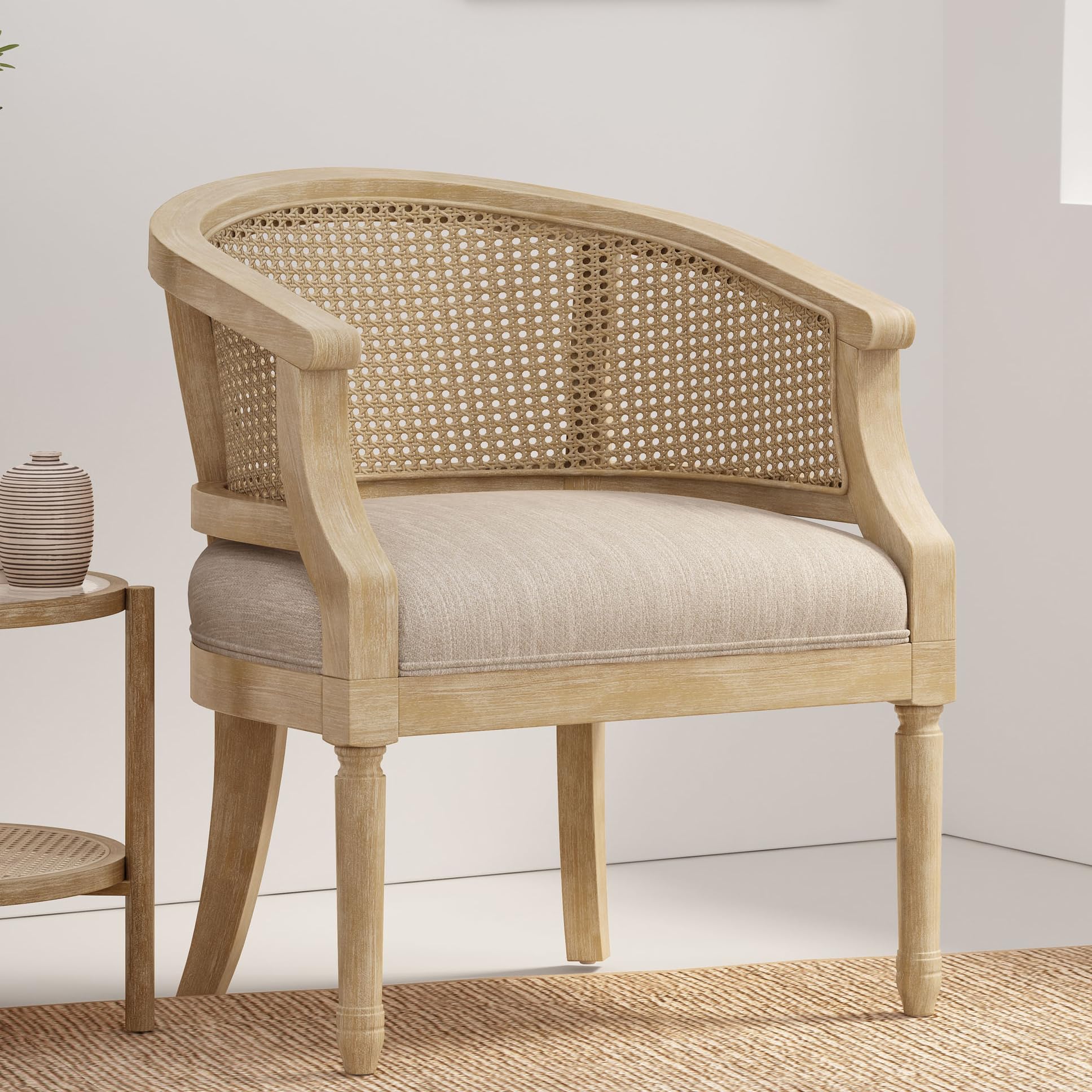 NoeBanJe Mid Century Accent Chair, Armchair with Curved Backrest and Upholstered, Reading Chair with Vintage Rattan Hollow Out, for Living Rooms,