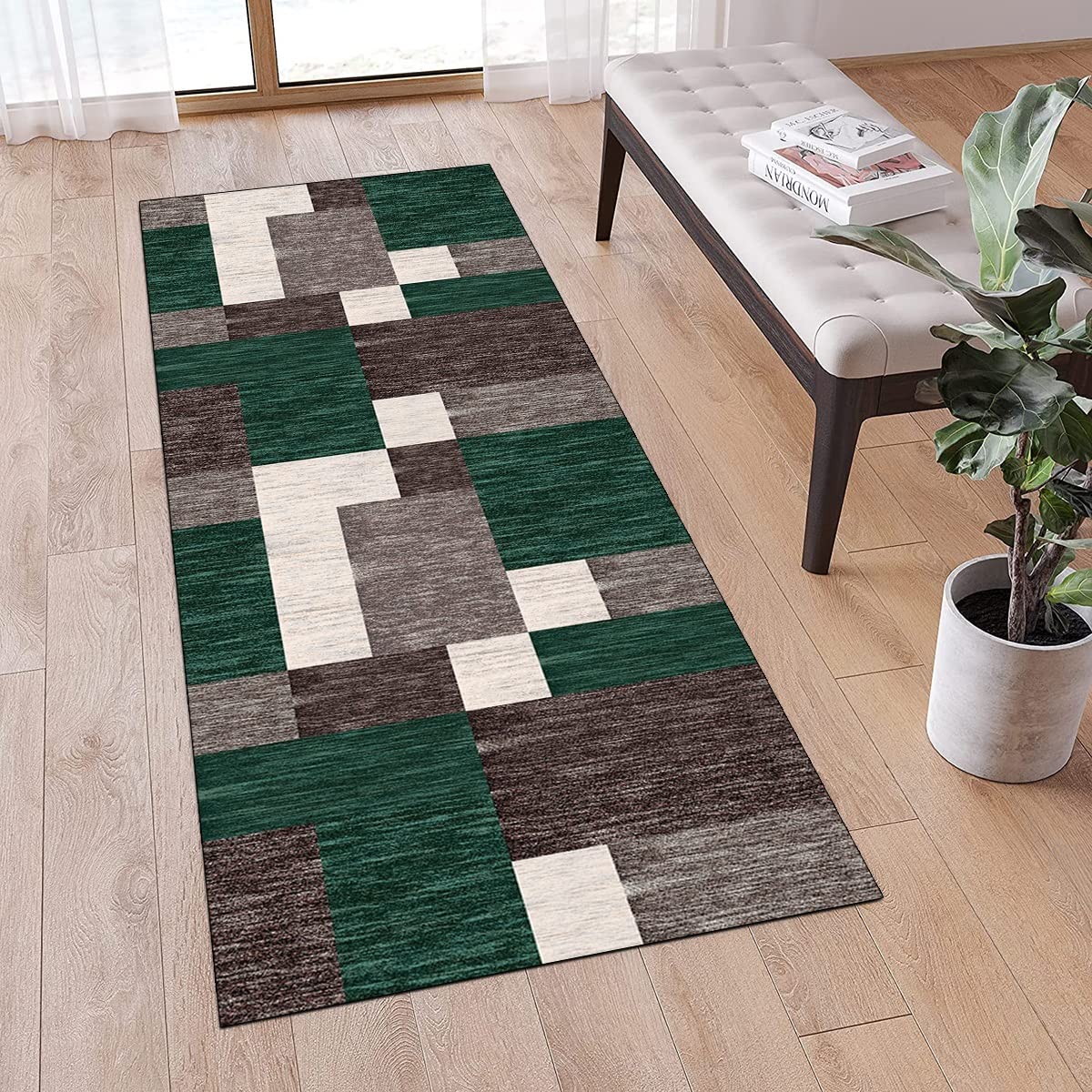 Tappeto per corridoio, antiscivolo, verde, marrone, 2'3 x 5,9 cm, patchwork, lavabile, decorazione per la casa, per cucina, corridoio, soggiorno, porta con retro in gomma, larghezza 40-120 cm