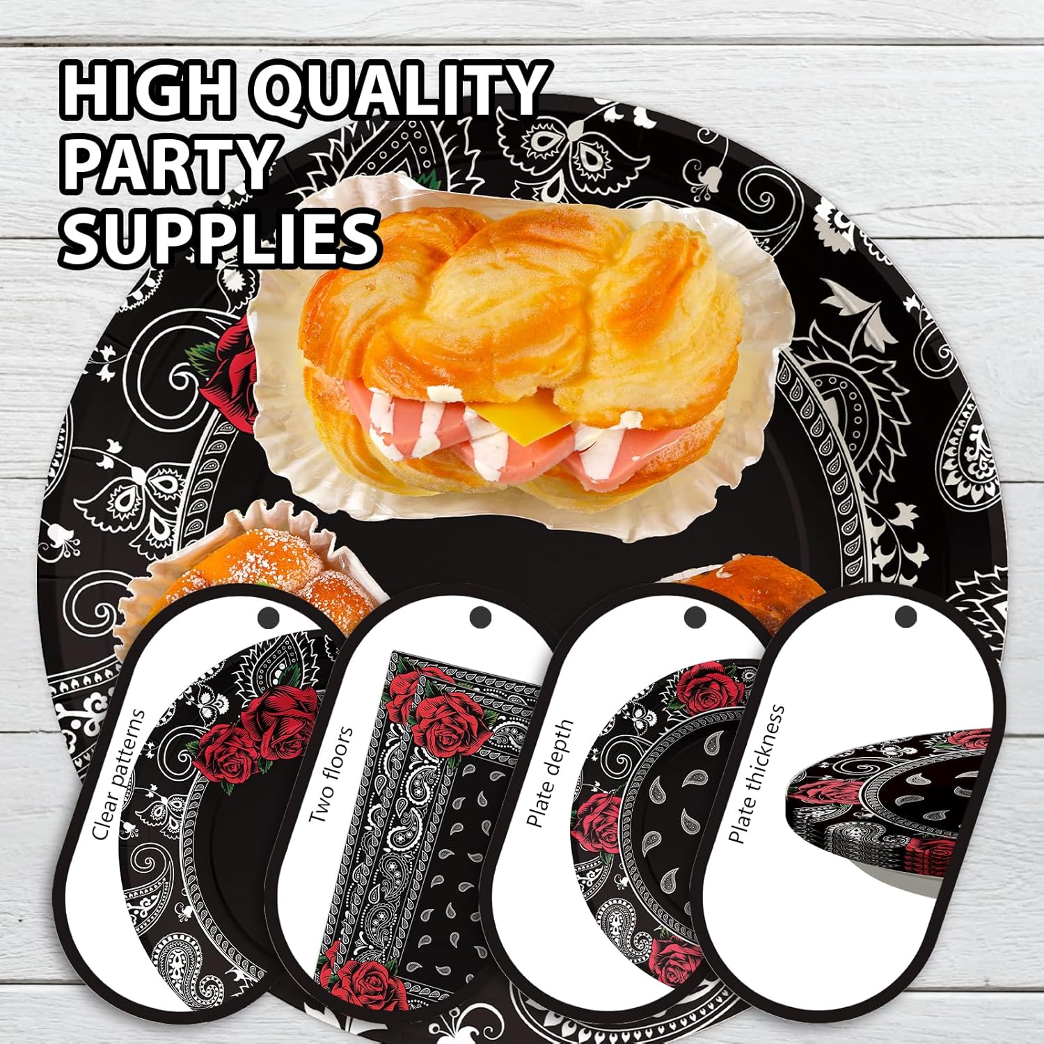96PCS Black Bandana Western Party Decorations Cholo Gangsta Party Plates Disposable Black Bandana Tableware Set for Early 2000s Cholo Theme Western Birthday Party Supplies, Serves 24