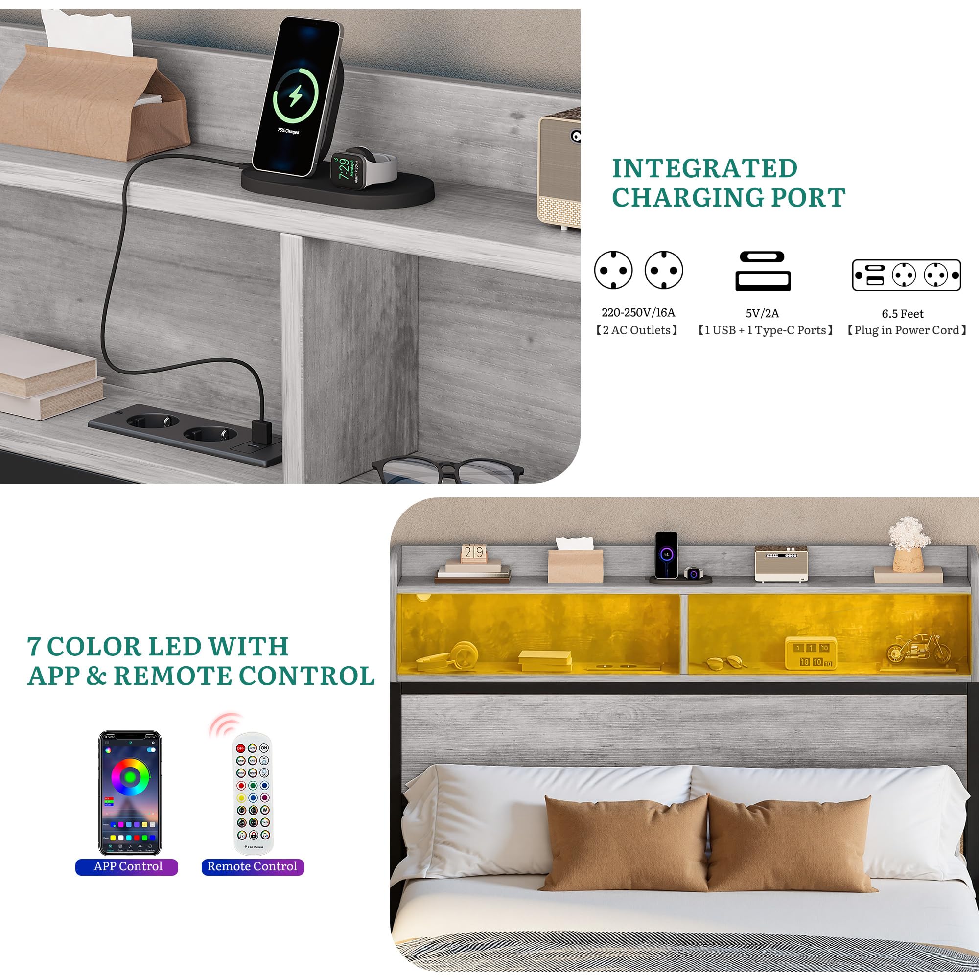 YITAHOME Estructura de Cama LED con cabecero, Puertos USB y Salidas de Carga, Plataforma de Metal, Marco de Cama con 2 estantes, no Requiere colchón, Gris, 200 x 140 cm
