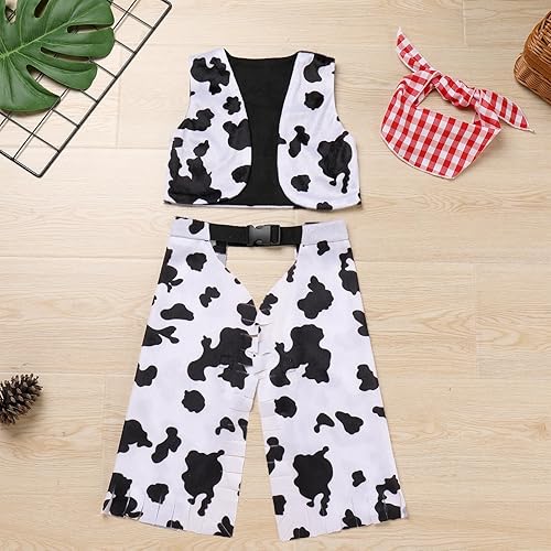 Miniatura 2 de IMEKIS Disfraz de vaquero occidental para bebé, con estampado de vaca y pantalones, bandana, Halloween, cosplay, cumpleaños, traje para niños y niñas
