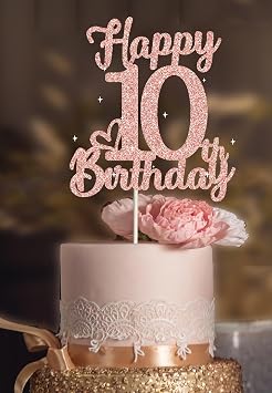 10th Birthday Cake Topper - Double Sided Rose Rose Gold Glitter, Happy 10th birthday Cake Topper for girls,10 Cake Topper For girls, 10th birthday decorations,10th Birthday Cake Topper Ten