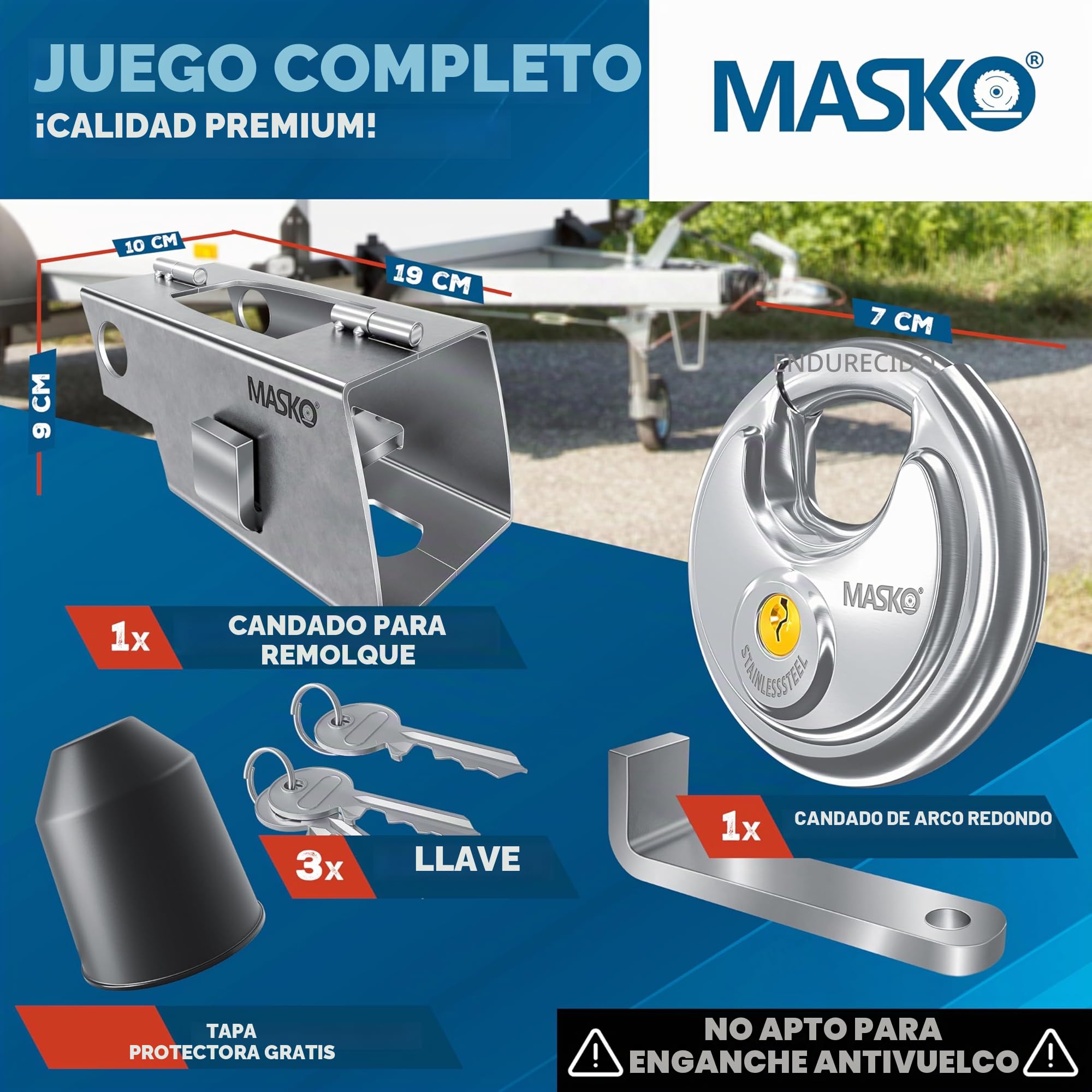 MASKO® Candado de Remolque con Sistema de bisagras para Remolques Acoplados y Desacoplados, Candado antirrobo para Caravana, Incluye Candado de Disco, Llave y Tapa Protectora, Plata