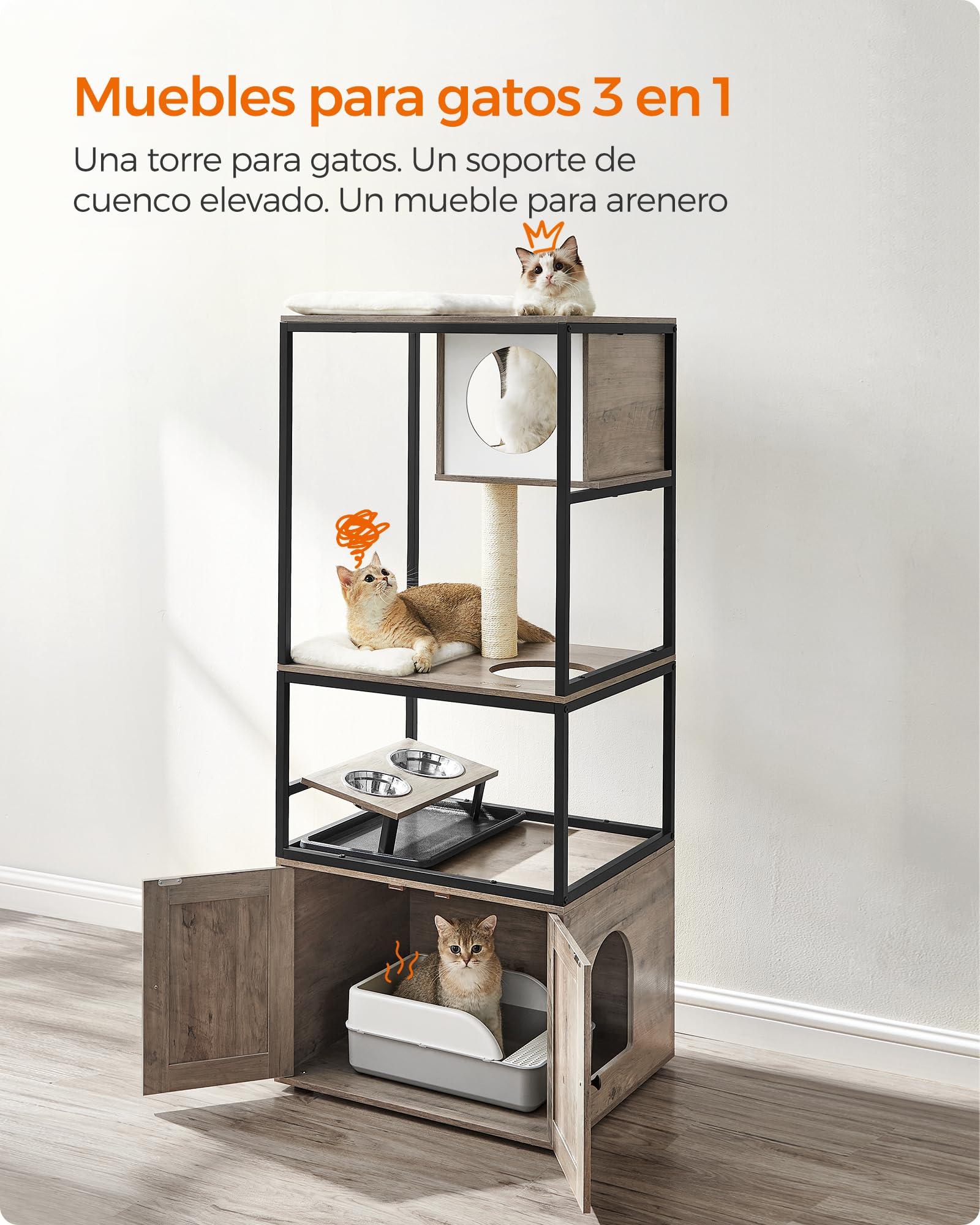 Feandrea Árbol para Gatos, Casa para Gatos con Mueble para Bandeja Higiénica, Soporte para Comedero Elevado, Tronco de Sisal, Cojines Lavables, Beige PCT312G01