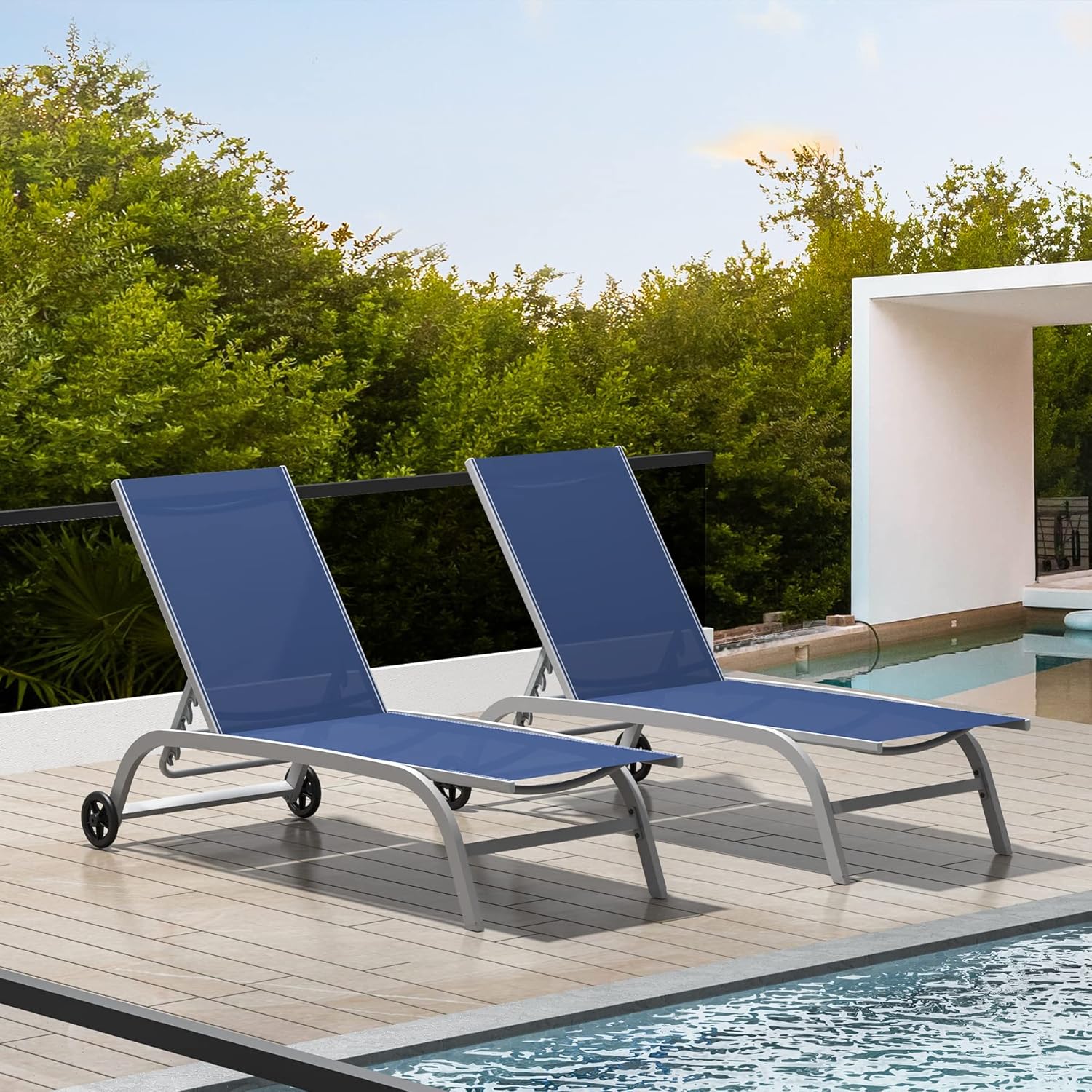 Domi Chaise Lounge Outdoor Set of 2, Lounge Chairs for Outside with Wheels, Outdoor Chaise Lounge with 5 Adjustable Position, Pool Lounge Chairs for Patio, Beach, Yard, Deck, Poolside, Blue