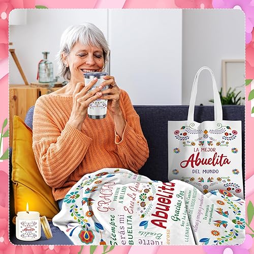 Miniatura 7 de Juego de 8 regalos para abuela española, incluye vaso de lona de 20 onzas, bolsa de maquillaje, manta, llavero, calcetines, tarjeta de vela, La