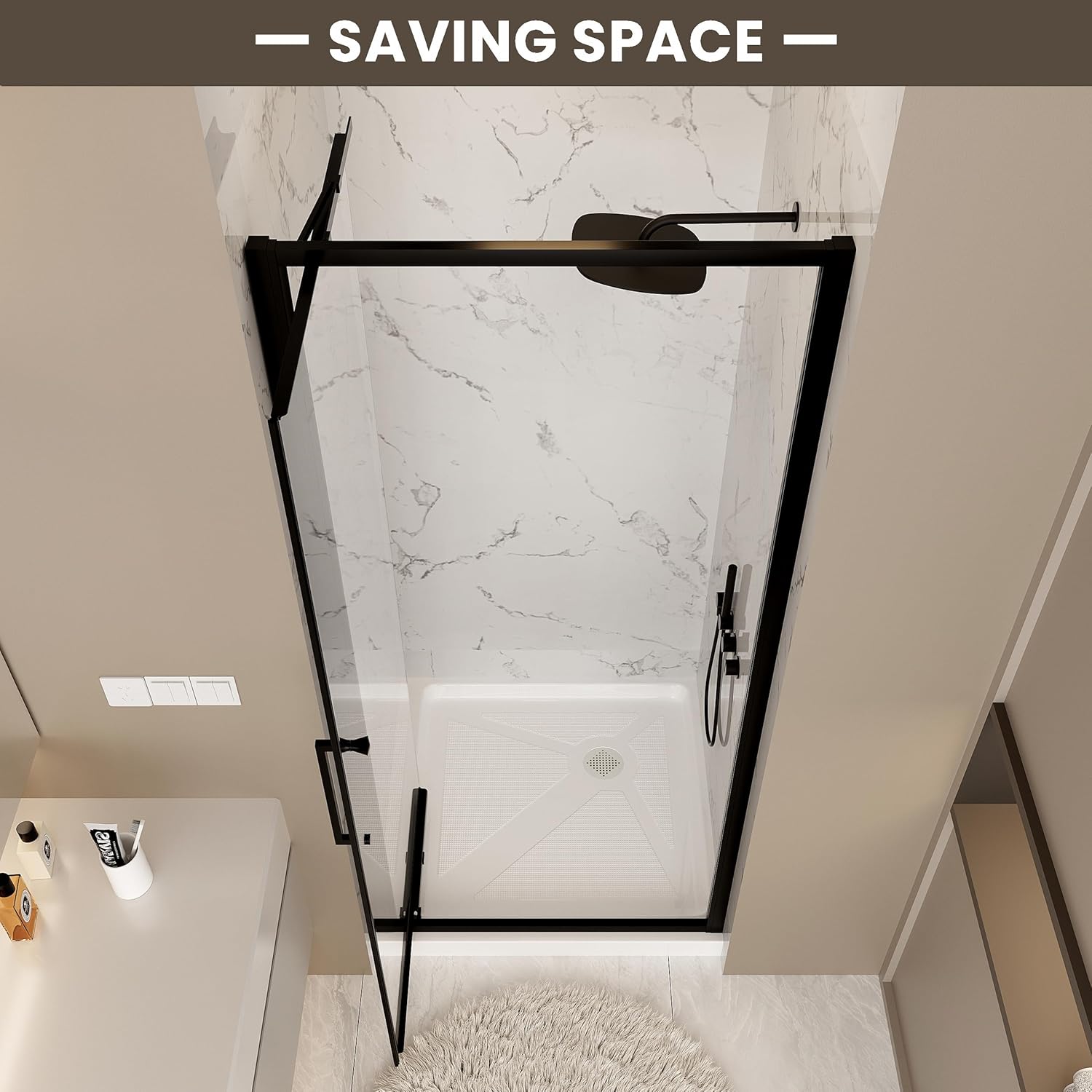 35-36" W x 72" H Semi-Frameless Pivot Shower Door, Single Glass Shower Door with 1/4"(6mm) SGCC Tempered Glass, Easy to Clean, Matt Black
