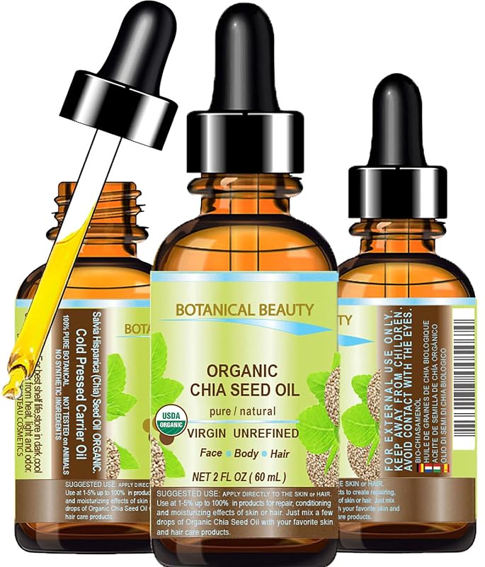 Botanical Beauty Óleo de Semente de Chia Salvia Hispanica 100% Puro, Virgem, Não Refinado e Prensado a Frio, 60 mL