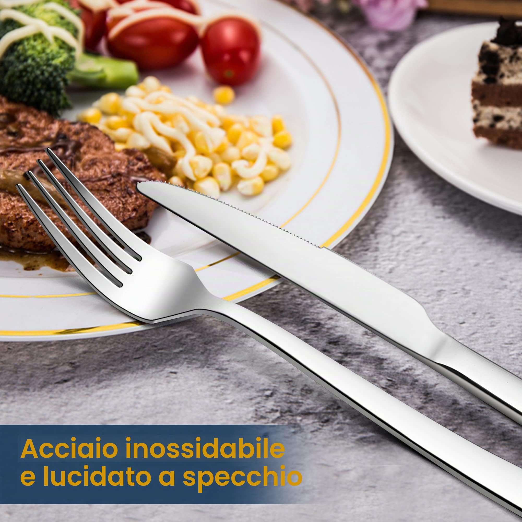 Herogo - Set di posate in acciaio INOX con coltello da bistecca e coltello da bistecca in argento, set per 6 persone, elegante coltello, forchetta e cucchiaio, per il ristorante