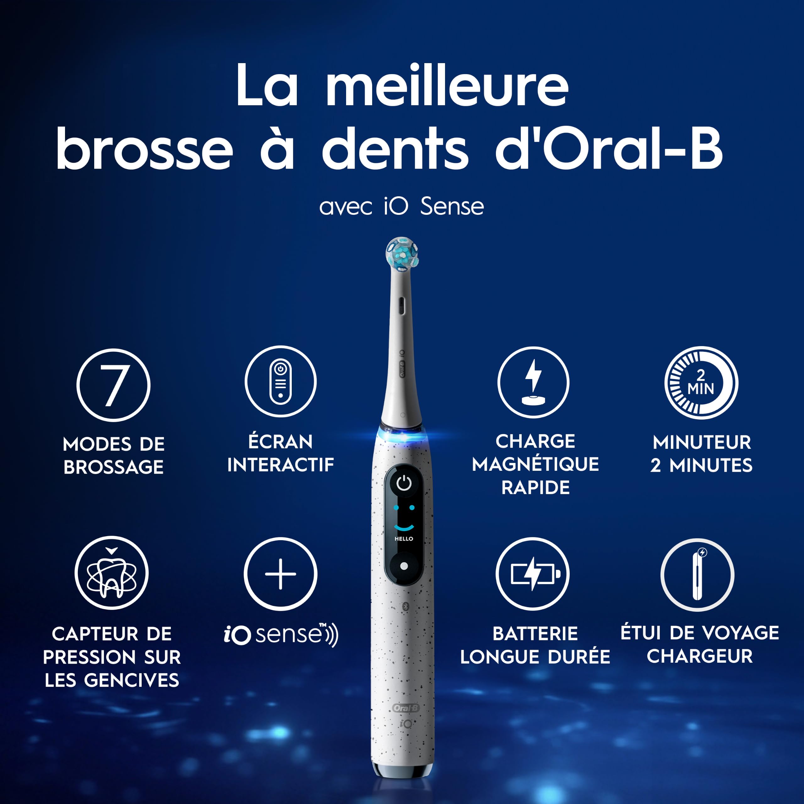 Oral-B Brosse à dents électrique rechargeable iO 10, capteur de pression, affichage interactif, intelligence artificielle avec coaching en direct, 1 tête, 1 brosse, étui de voyage, blanc, idée cadeau