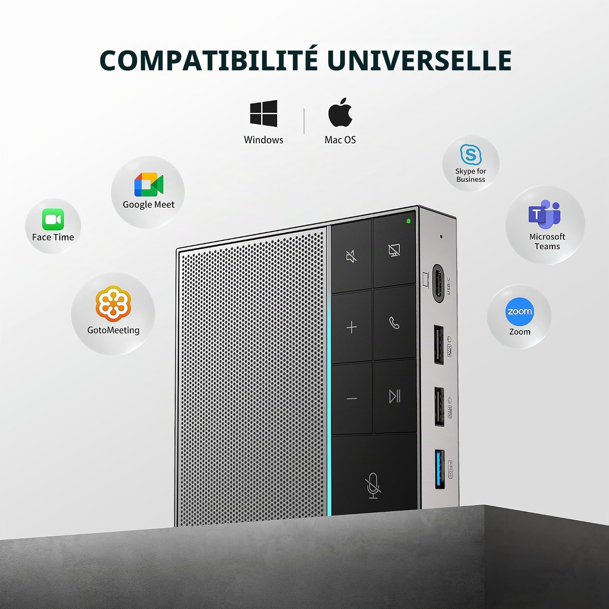 HiDock Haut-parleur de conférence avec sourdine/projet, capture vocale améliorée et suppression du bruit en duplex intégral, microphone USB-C omnidirectionnel pour réunions de bureau à domicile – Gris