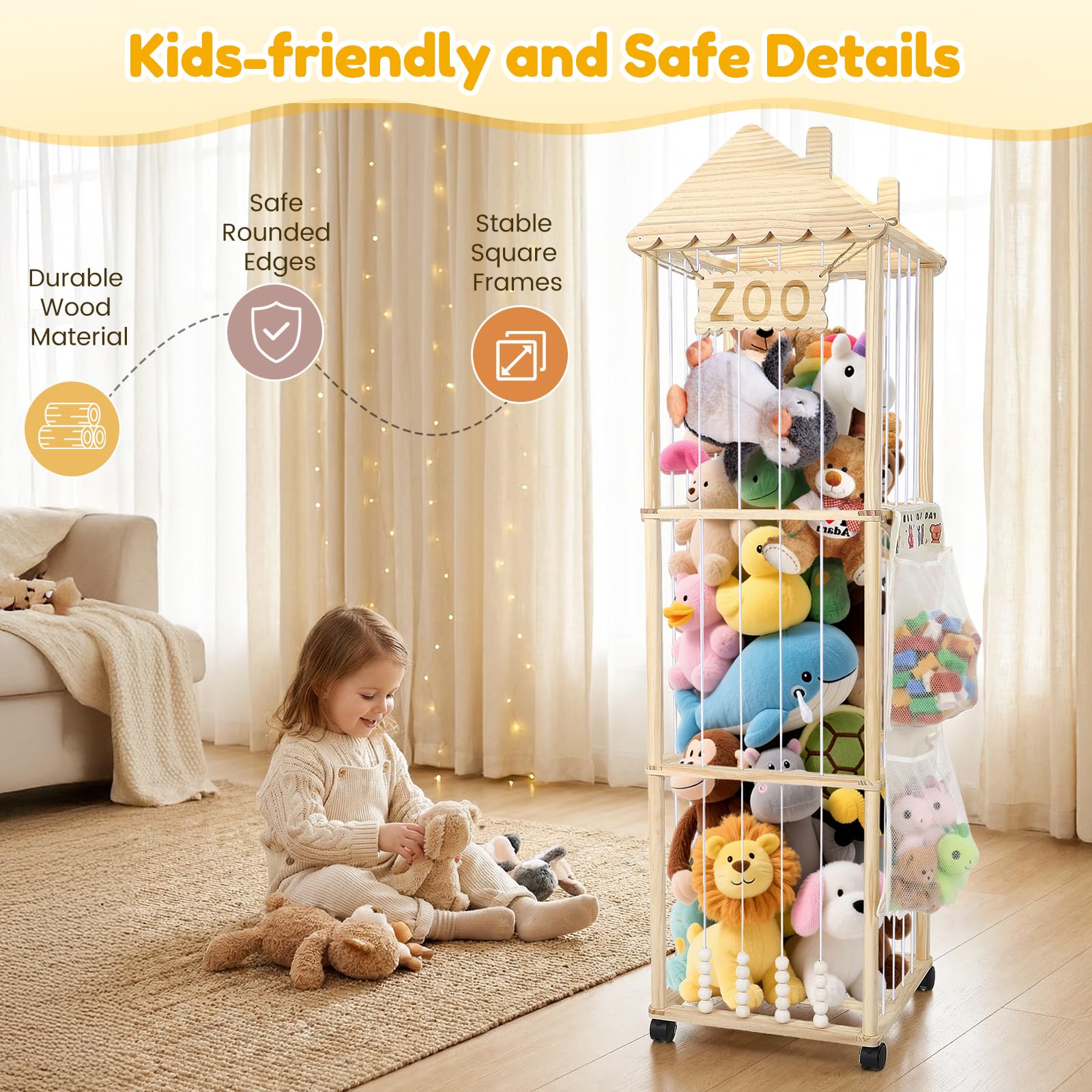 Contenitore per Peluche, 147x46x46CM Organizer per Peluchecon Ruote Girevoli a 360°, Porta Peluche per Cameretta dei Bambini, Soggiorno, Camera da Letto, Mobili per la Cameretta dei Bambini (Strisce)