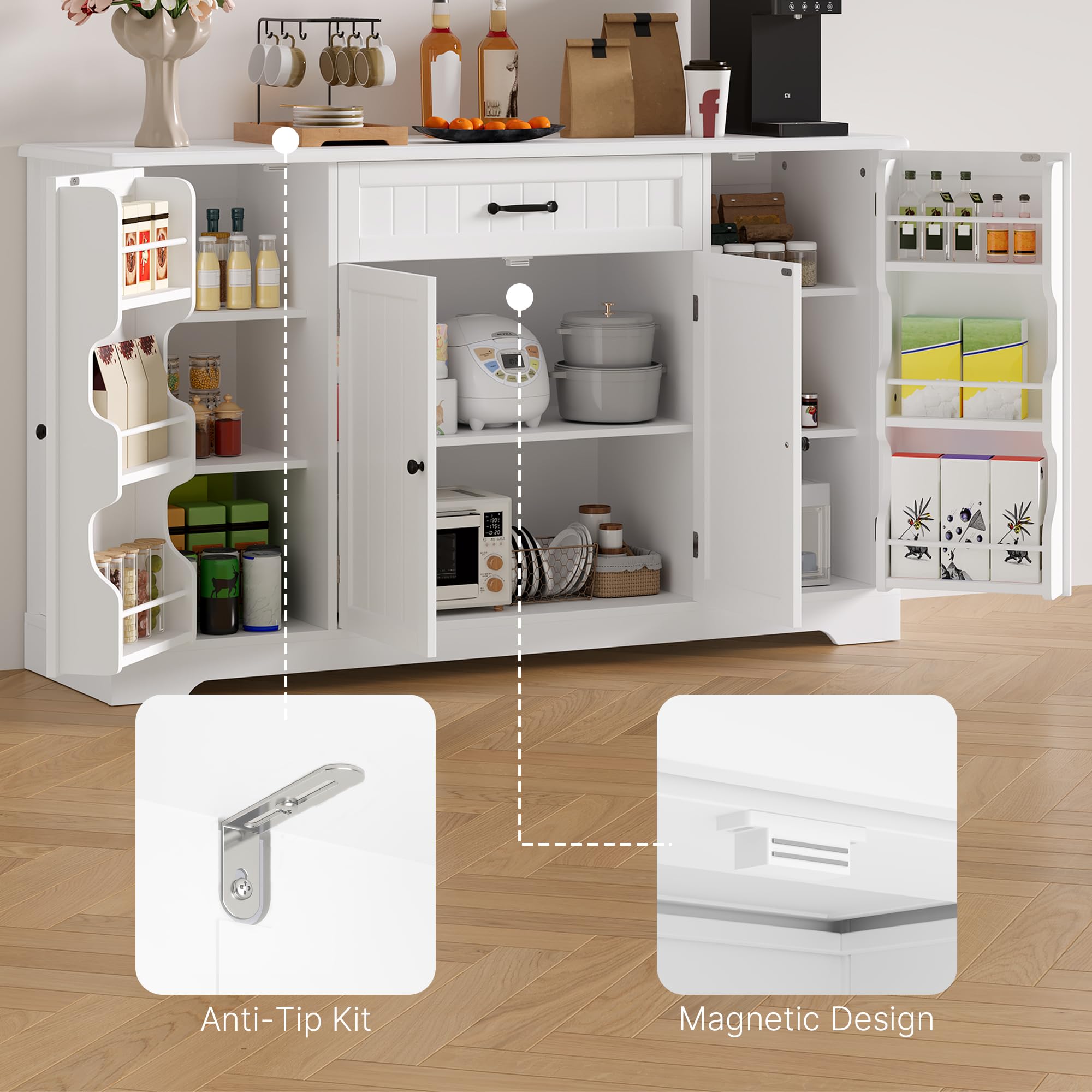 Xbro Sideboard, Küchenschrank mit Arbeitsplatte, Buffetschrank mit Schublade, 4 Türen und integrierten Türablagen, großer Stauraum, Wohnzimmerschrank für Küche und Esszimmer, Weiß