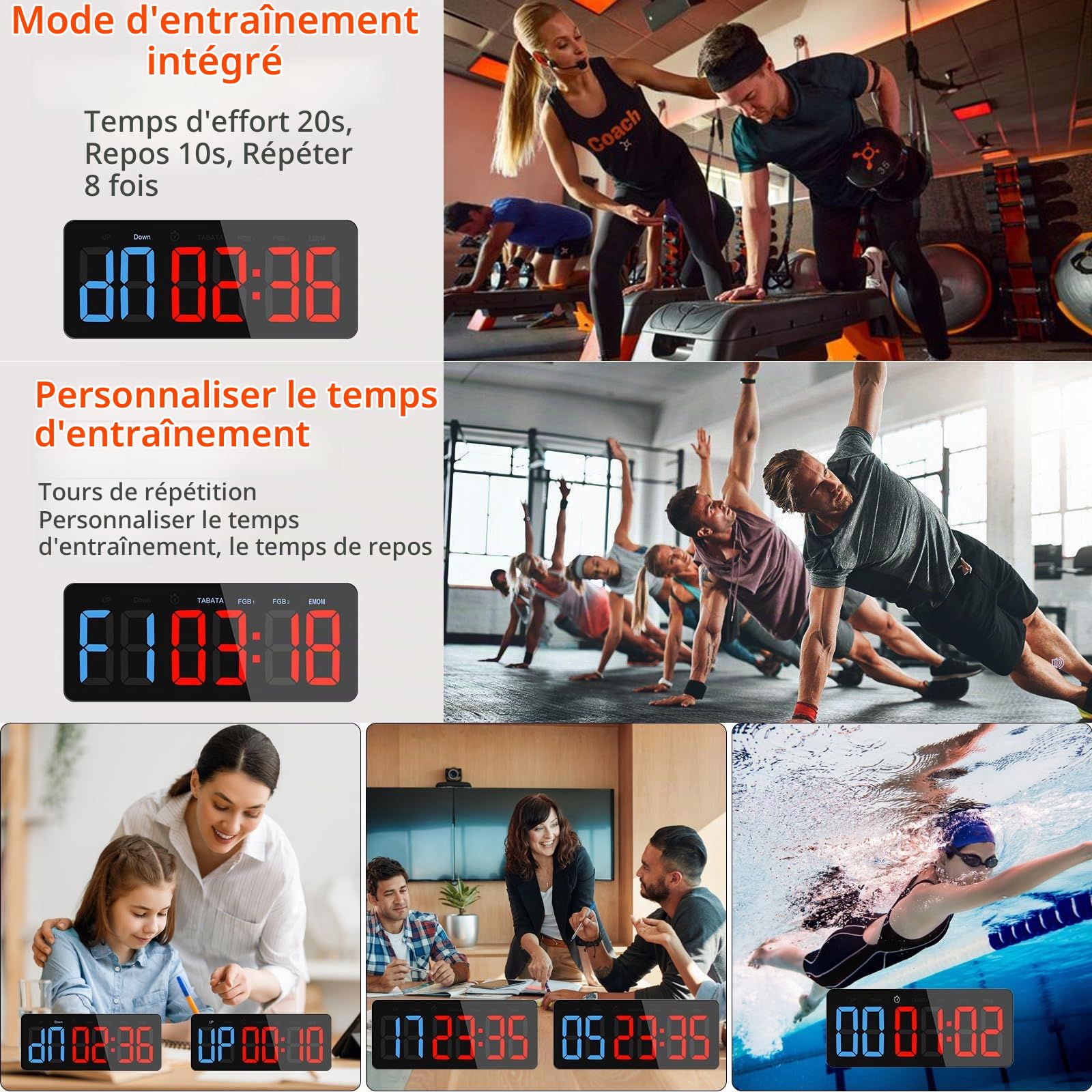 Timer Sport Fitness Grand Minuteur D'intervalle LED de Gym Chronomètre | Count Up, Count Down, Horloge, TABATA, HIIT