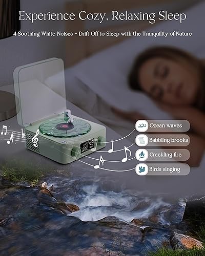 Miniatura 7 de Waves - Altavoz Bluetooth de vinilo, estilo reproductor de discos de vinilo con sonido oceánico, ruido blanco, Bluetooth retro con luz ambiental y