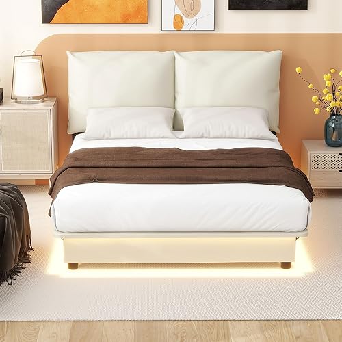 Miniatura 142 de Base de cama flotante tamaño Queen con luces LED y carga USB, marco de cama LED de plataforma tapizada moderna, no necesita somier (blanco-1)