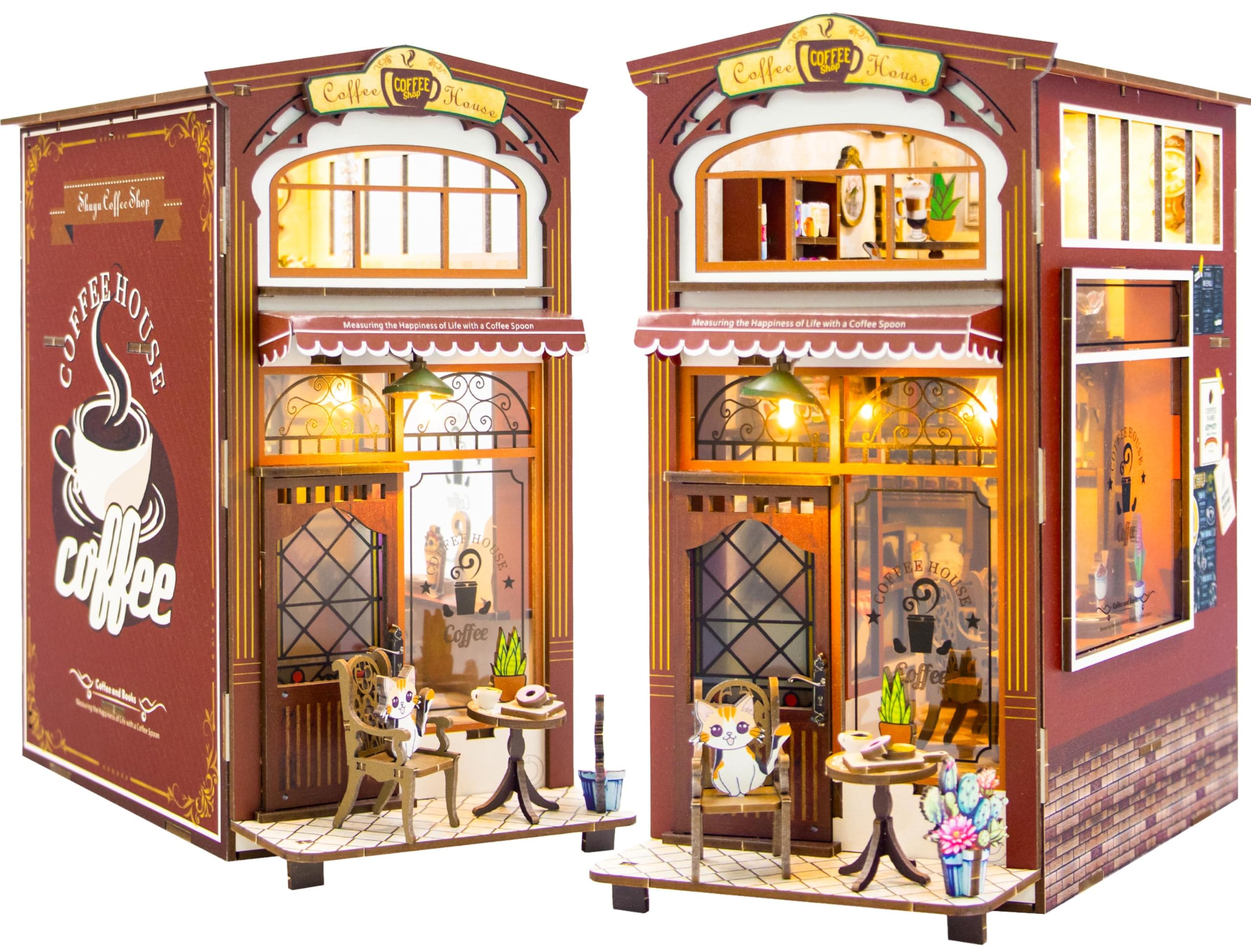shrike Book Nook- Coffee Shop Booknook Kit, DIY Puppenhaus | Miniatur Haus Selber Baue Bausatz mit LED, 3D Holz Puzzle Buchstütze Bücherregal einfügen Dekor für Erwachsene 14+