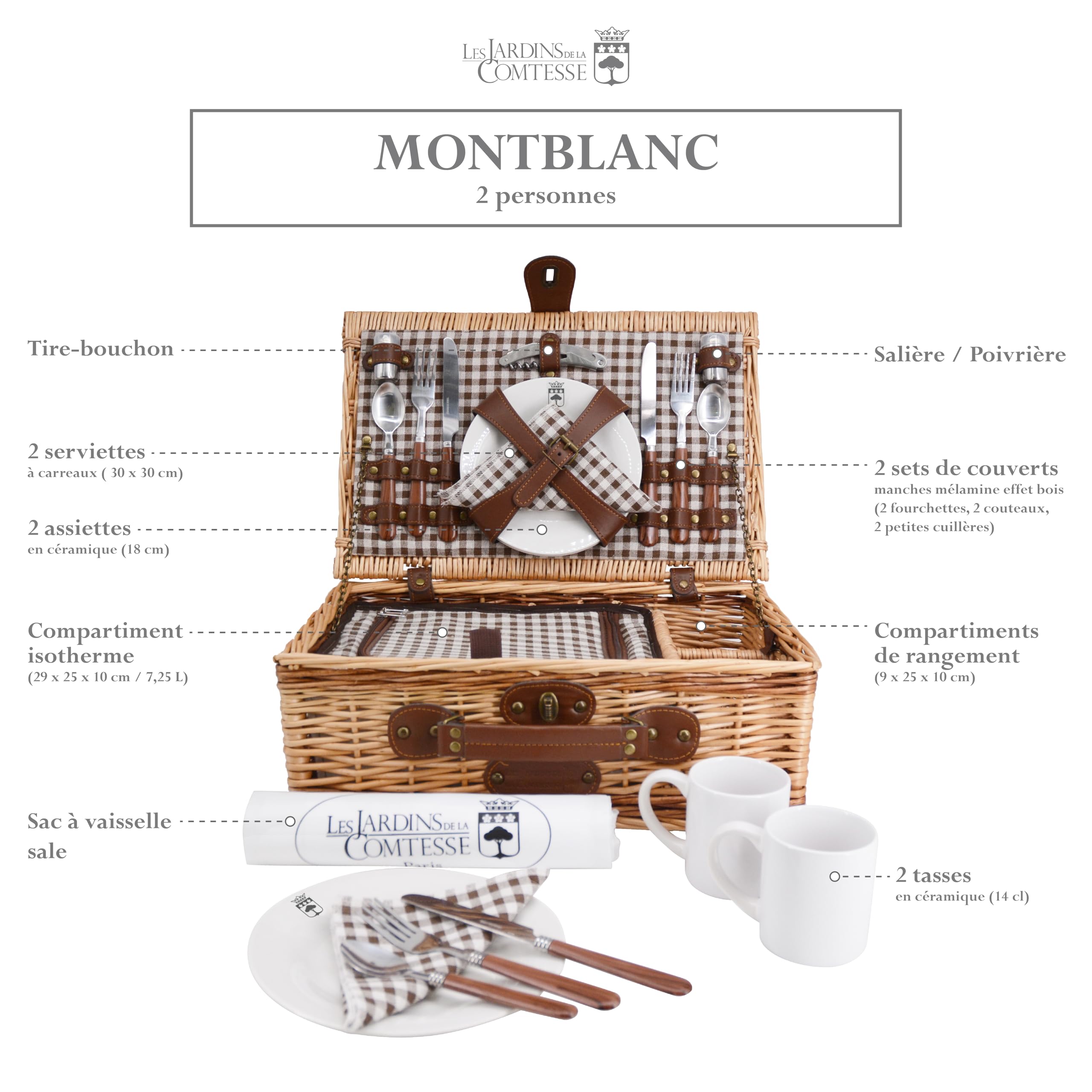 Les Jardins de la Comtesse - Cesto Picnic Mont-Blanc - 2 Persone - Marrone - Completo di scomparto isotermico - Stoviglie incluse - Tazze in ceramica - 43 x 29 x 16 cm