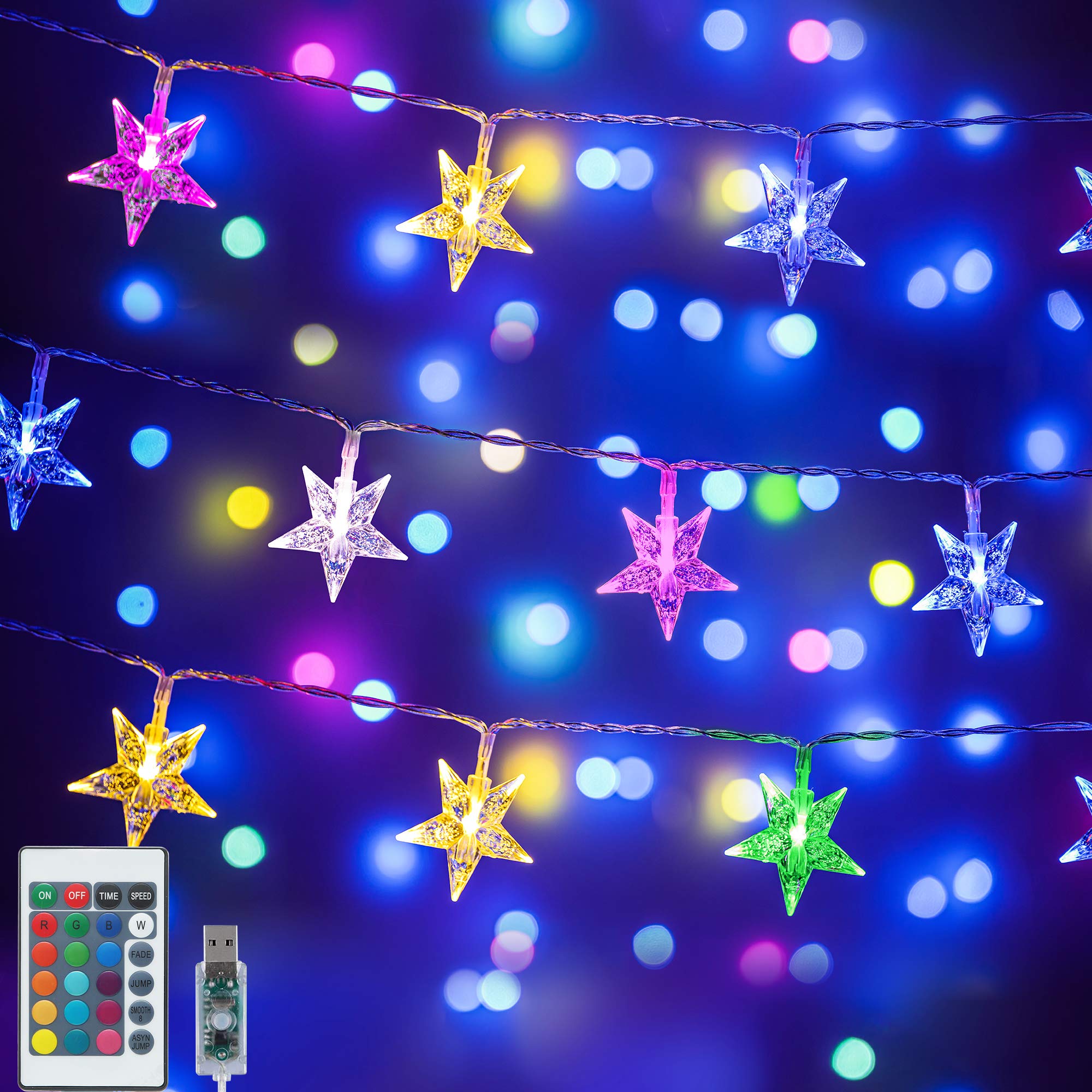 GONK Color Changing Star String Lights,16.4 ft 50 LED USB Powered Star Fairy Lights,Indoor Hanging String Lights with Remote Control for Girls Kids Bedroom Dorm Party Christmas Decor- 16 Colors