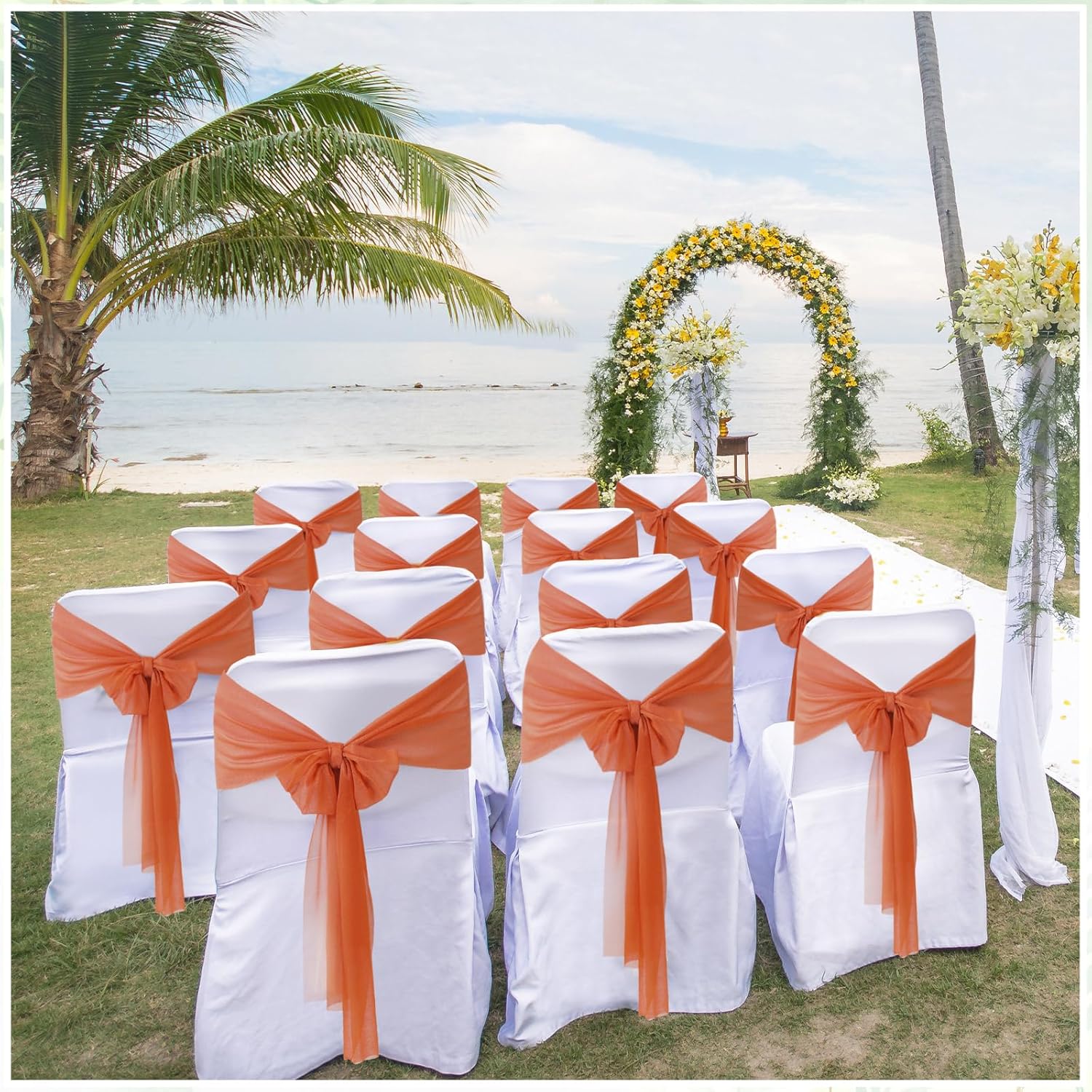 Moukeren 50 Pcs Chiffon Chair Sash Bow Ties Chair Ribbon Back Ties Chair Cover Band Bulk Dining Chair Cover Decoration for Wedding Party Ceremony Banquet Birthday Event Home Decoration(Rust Red)