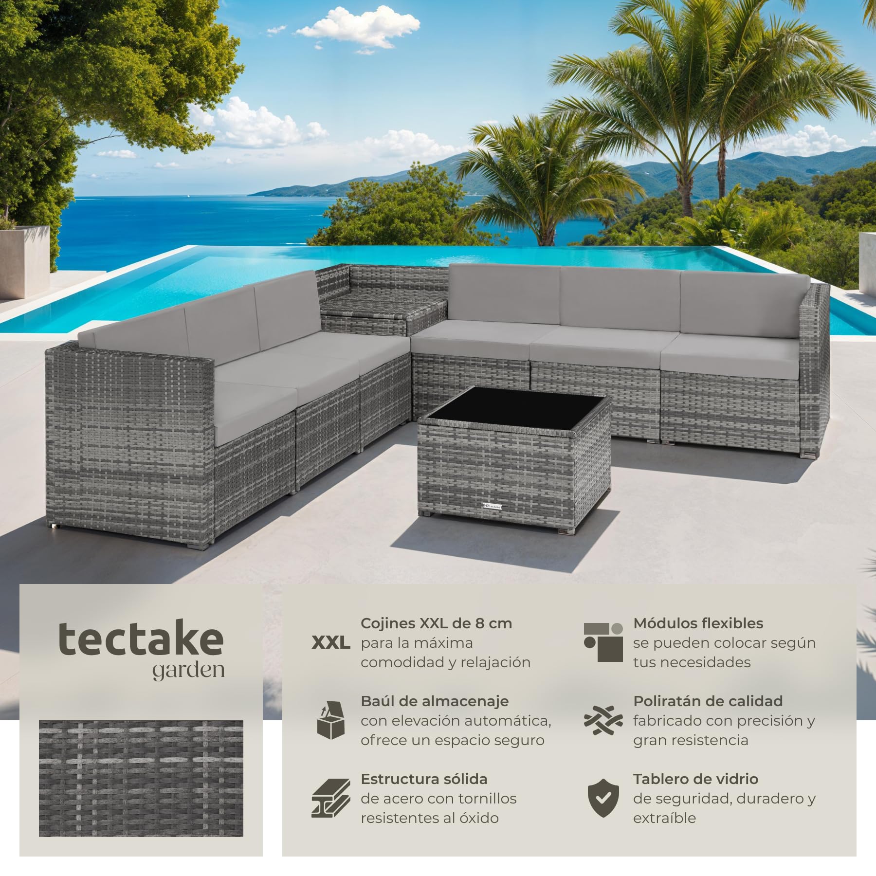 tectake® Conjunto Jardín de Ratán, Muebles Jardín Exterior 6 Sillones, 1 Mesa con Cristal, 1 Baúl Almacenamiento, Conjunto Terraza Resistente a la Intemperie, con Cojines, Estructura en Acero - Gris