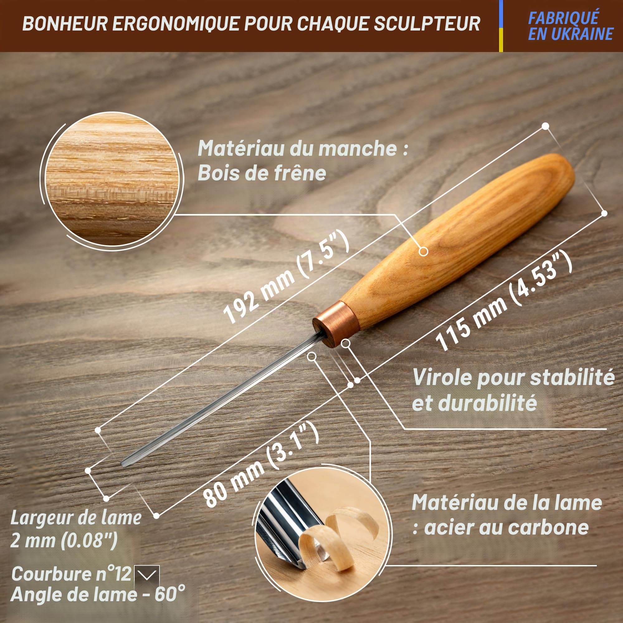 BeaverCraft Sculpture sur bois Gouge en V K12/02 Ciseau à main pour le travail du bois Couteau compact pour la sculpture sur bois pour débutants et professionnels