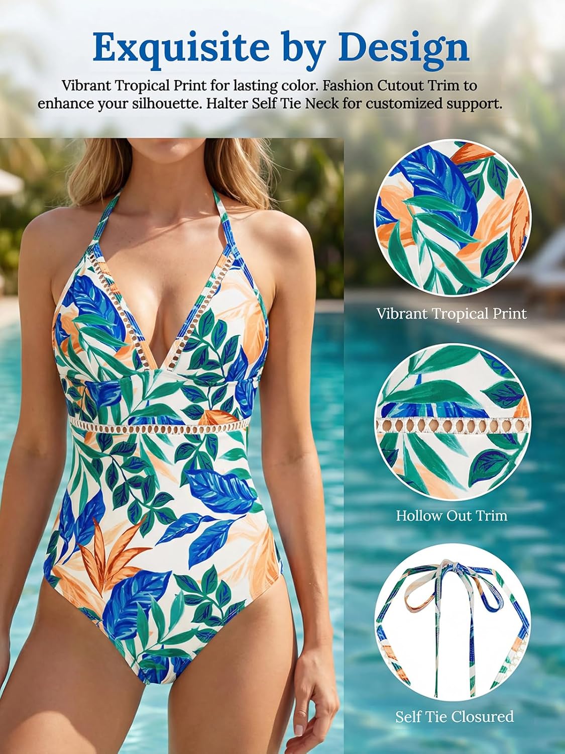 CUPSHE Women's One Piece Swimsuit Halter V Neck Crochet Bathing Suit Cutout Back Adjustable Straps Self Tie Spaghetti