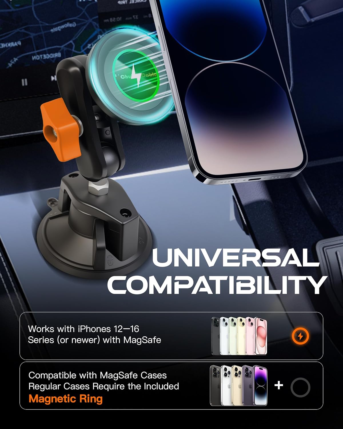chubbycable ChubbyGrip Magnetic Dash Mount Vacuum Magnetic Phone Holder for Your Car 360° Adjustable Suction Cup Magsafe Car Phone Mount for Windshield Dashboard, Magnetic Phone Holder, Orange