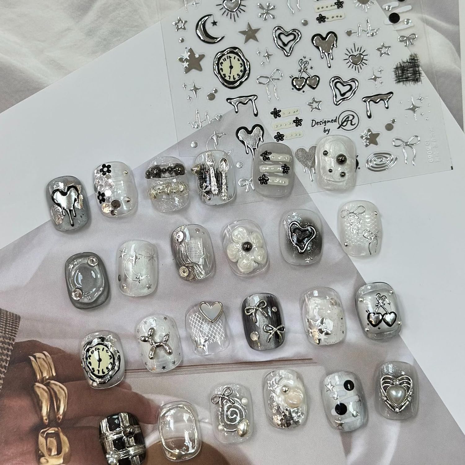 1 Sheet Star Moon Nail Art Stickers Decals 5D Embossed Self-Adhesive Nail Decals Silver Heart Cherry Clock Bow Nails Design Stickers Metallic Nails