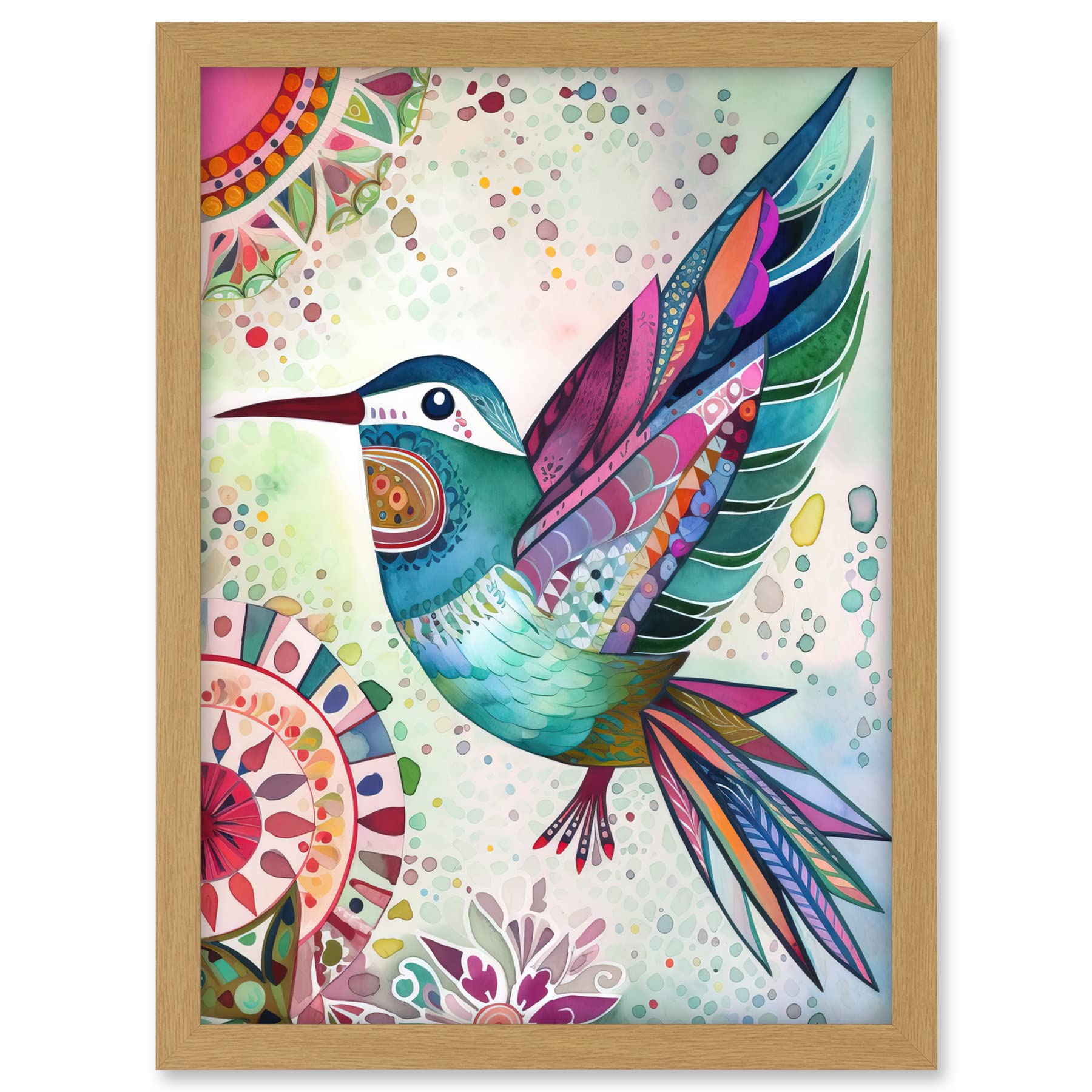 Artery8 Hummingbird With Multicolour Mandala Patterns Folk Art Watercolour Painting Artwork Framed A3 Wall Art Print