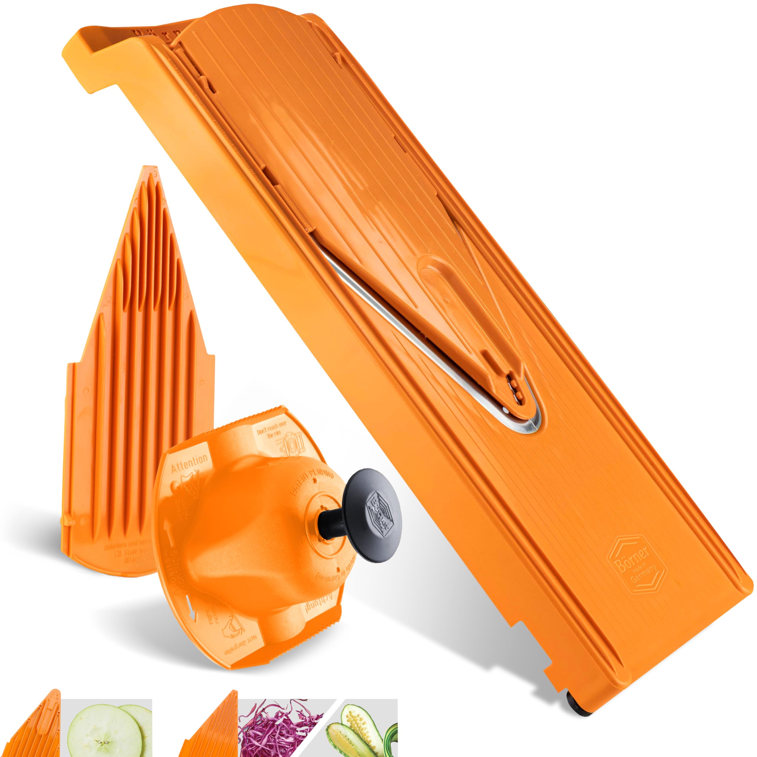 Börner Mandoline Slicer V3 - Basic Set with 3 Thickness Settings, V-Slicer for Fruits & Vegetables, Stainless Steel V-Blade, Rubber Feet - Orange