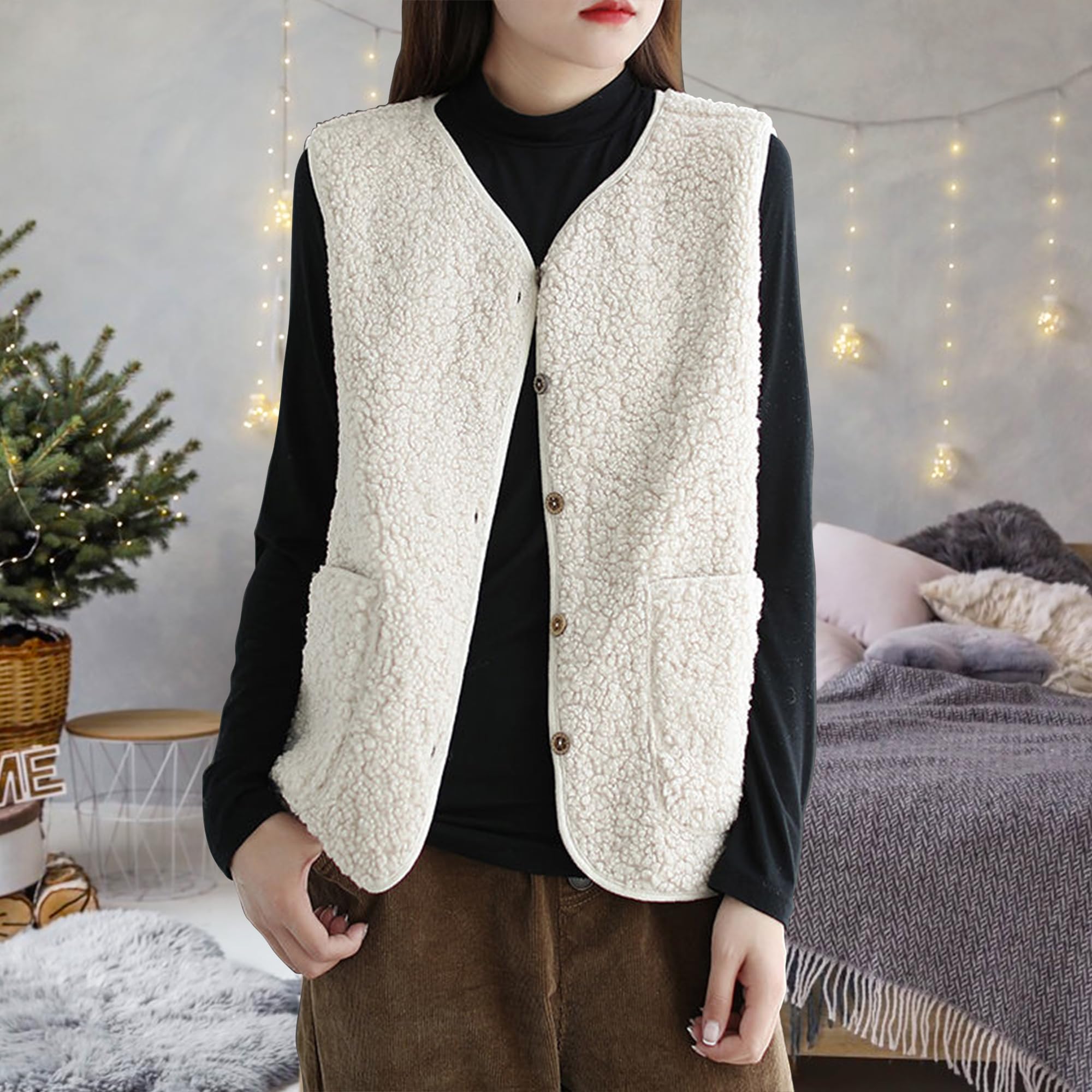 beifon Gilet Sans Manches Femme Polaire Doudoune Sans Manches Fourrure Veste Laine Couleur Unie Blouson Mode Bouton Matelassée