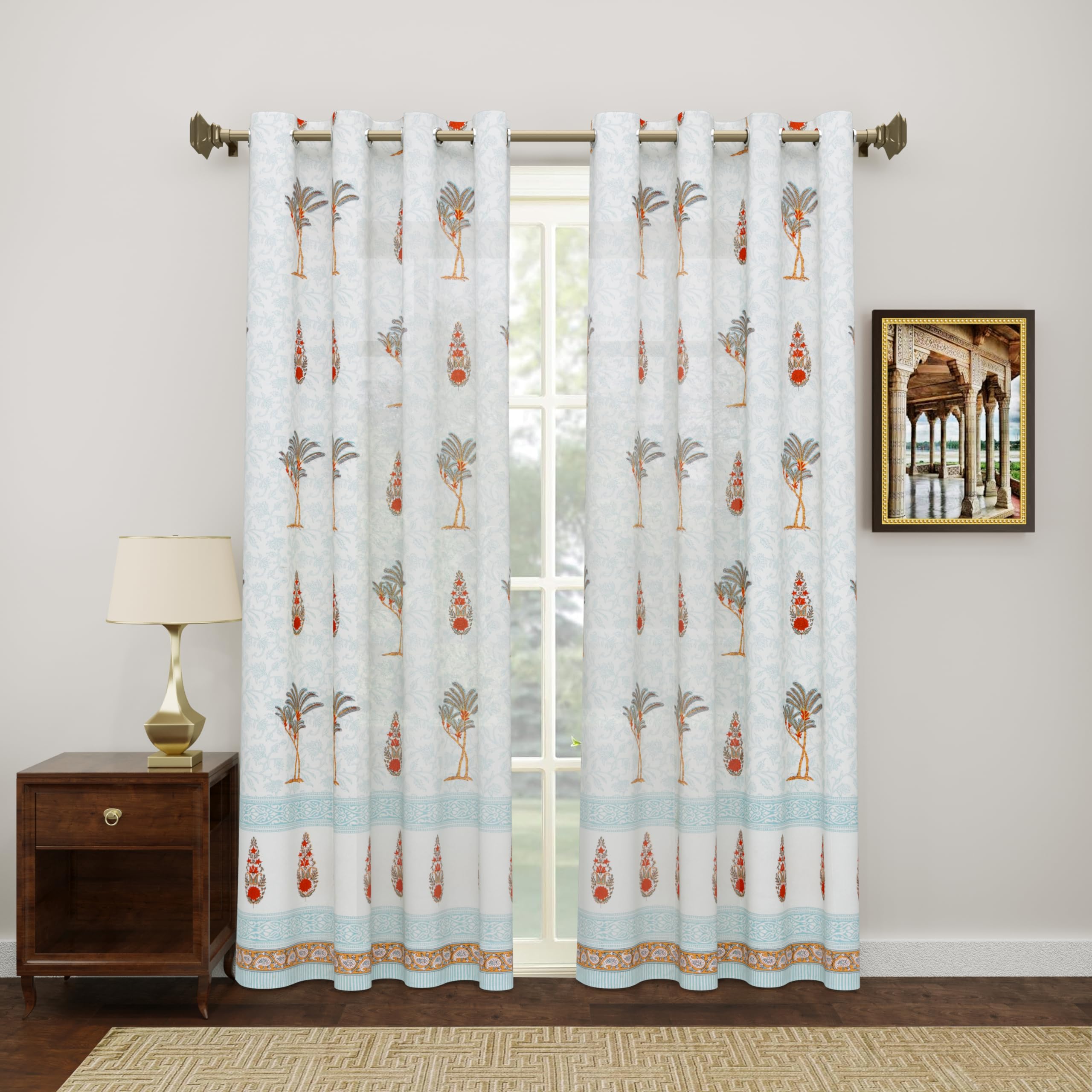 BLOCKS OF INDIA Hand Block Printed Cotton Daylight Curtains with Eyelets (Turq Orange Tree, Door - 7 FEET)-picture-23