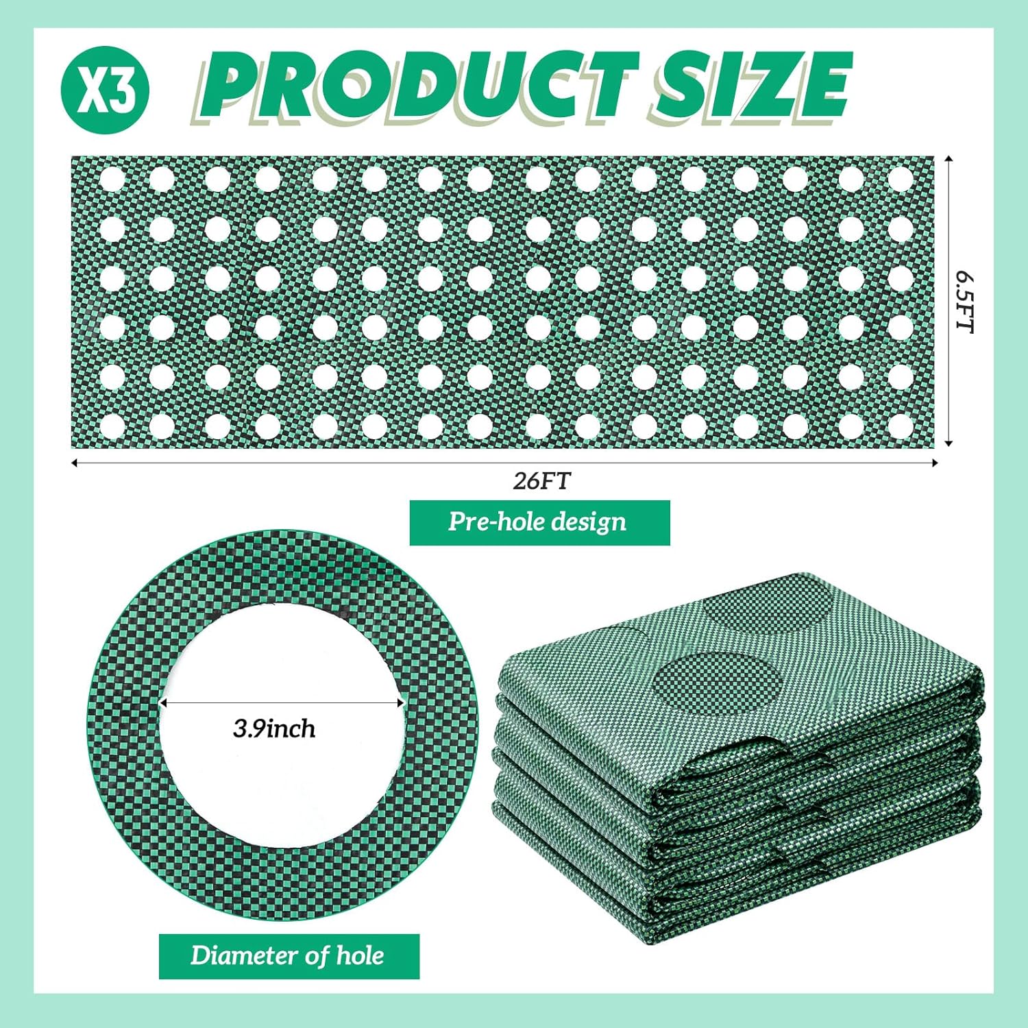 78 x 6.5 ft Garden Weed Barrier Landscape Fabric with Precut Planting Holes, Heavy Duty Weed Barrier Permeability Gardening Ground Cover Mat for Outdoor Greenhouse, Vegetable Beds, Green