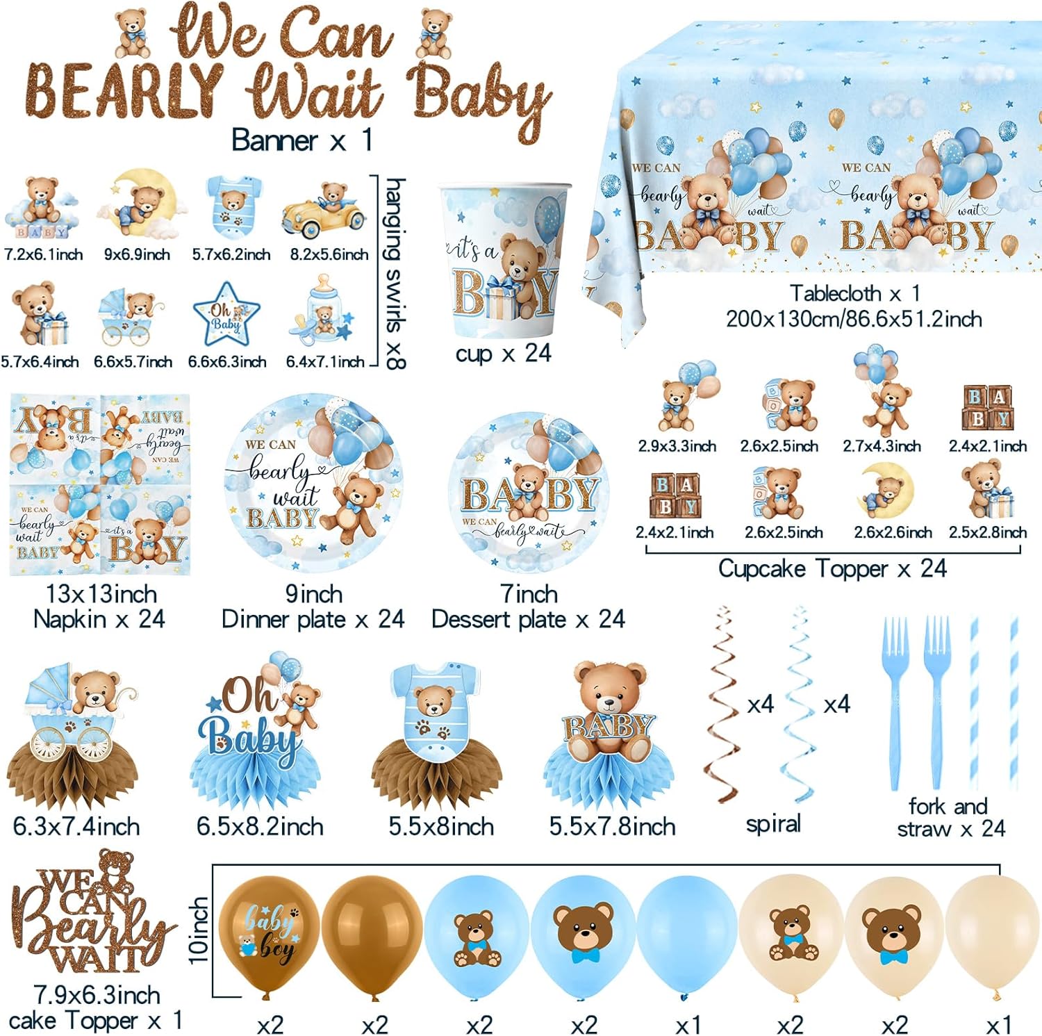 Blue Bear Baby Shower Decorations,219Pcs Baby Shower Tableware Set Banner, Plates and Napkins, Tablecloth, Cake Toppers, Honeycomb Balls for Boy Neutral Bear Themed Party Decorations Severs 24