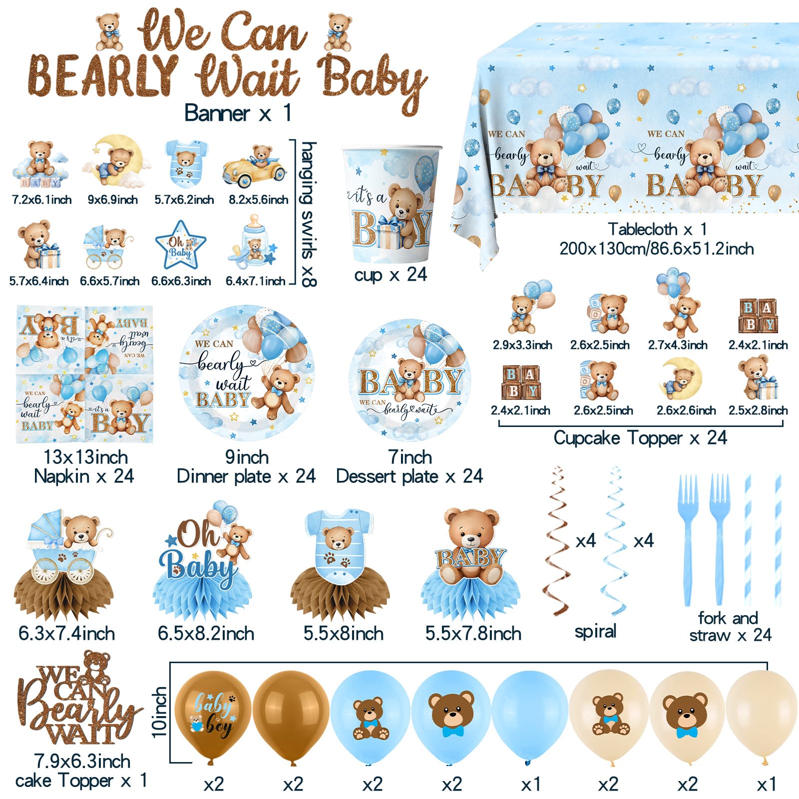Blue Bear Baby Shower Decorations,219Pcs Baby Shower Tableware Set Banner, Plates and Napkins, Tablecloth, Cake Toppers, Honeycomb Balls for Boy Neutral Bear Themed Party Decorations Severs 24