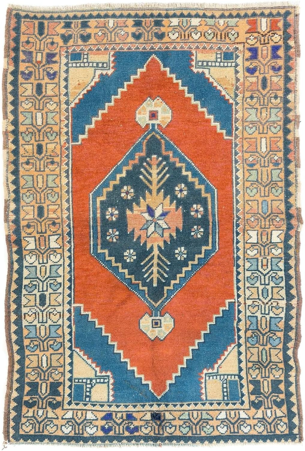 3.6x5.4 Ft Hand-Knotted Turkish Konya Small Carpet with Geometric Medallion Design. G253